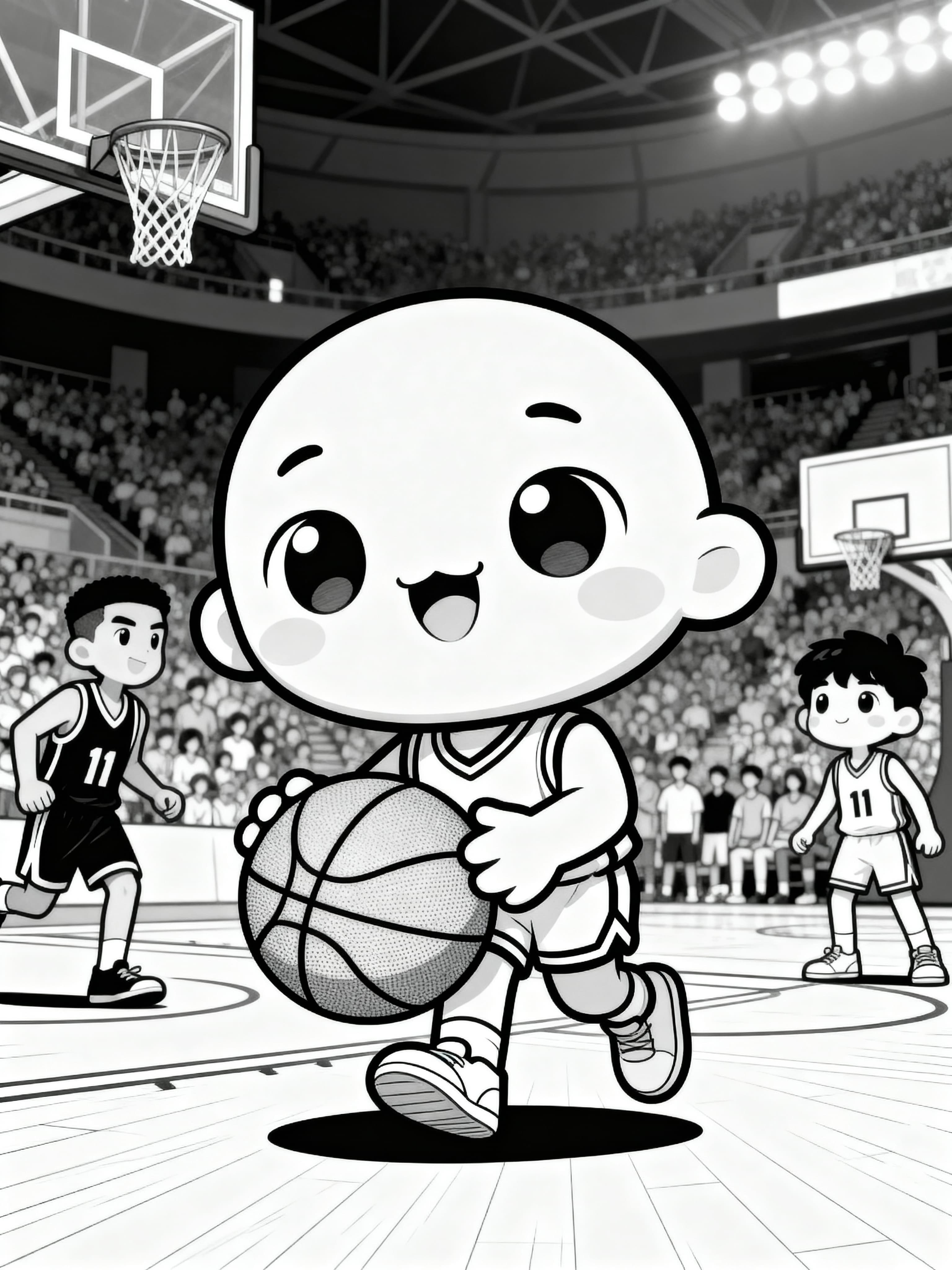 Cute Cartoon A basketball match coloring page featuring a basketball themed design