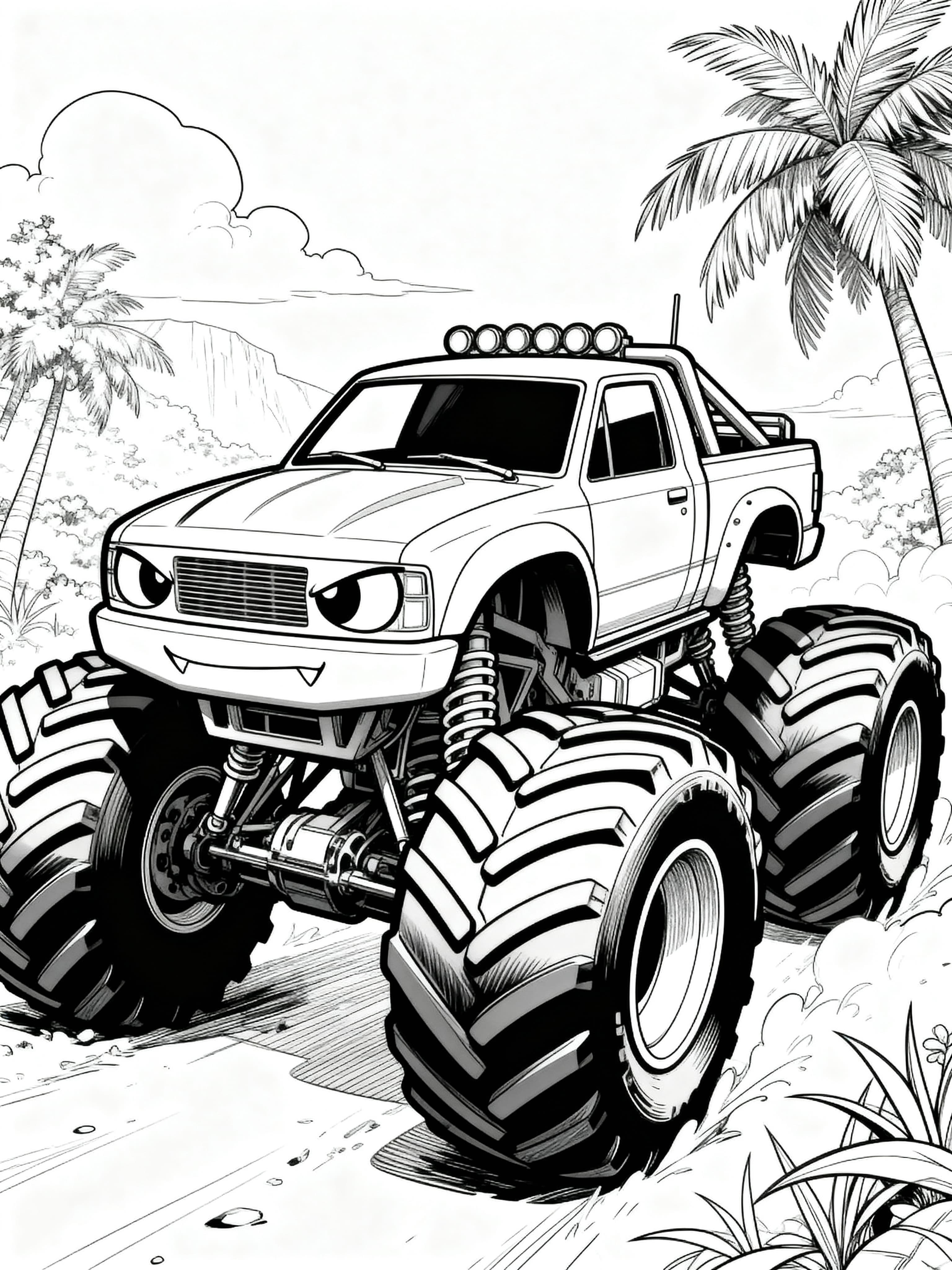 Printable coloring page featuring a cool monstertruck design for teens and anime fans.