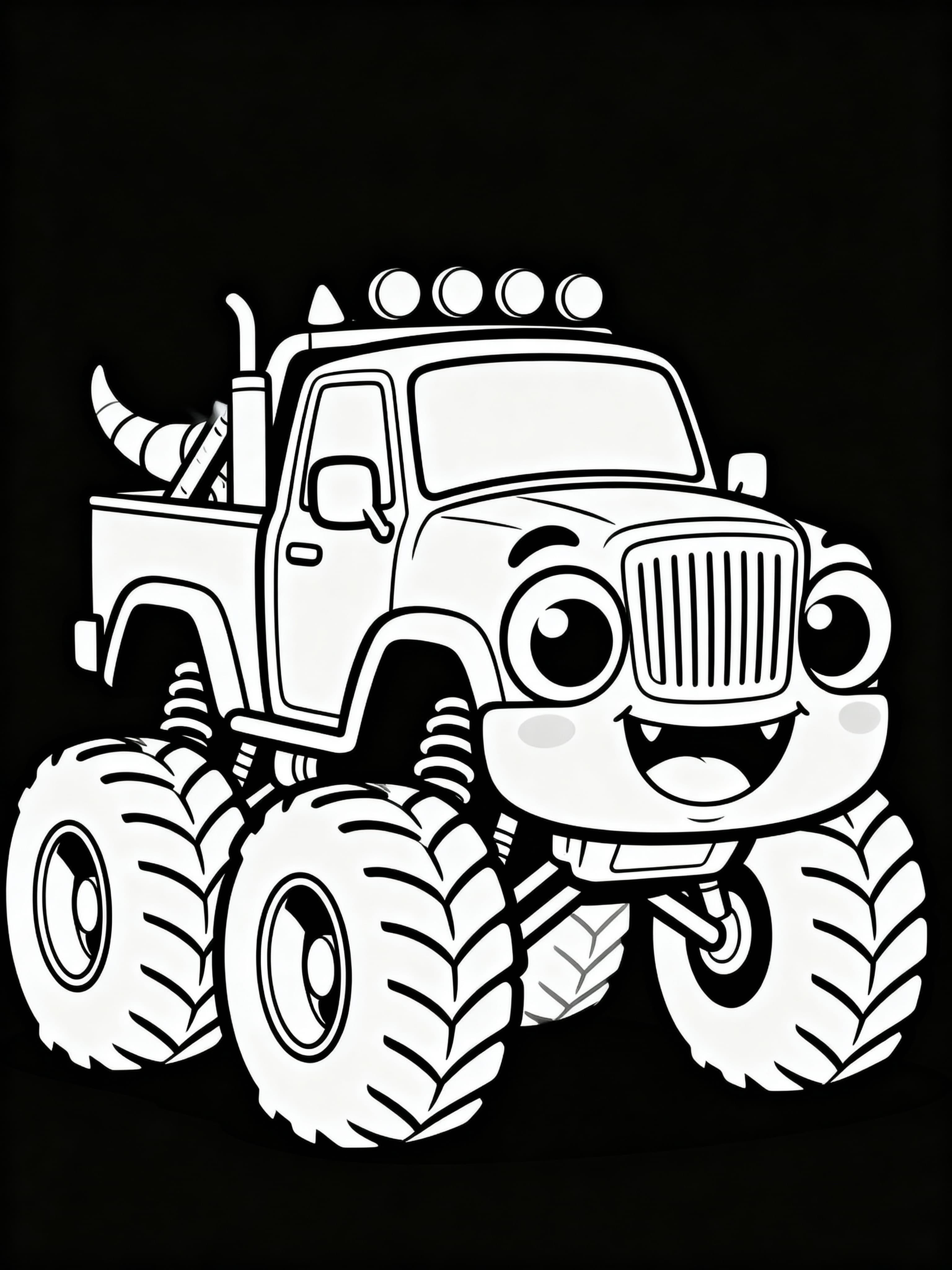 Cute cartoon cool monstertruck coloring page for kids to print and color