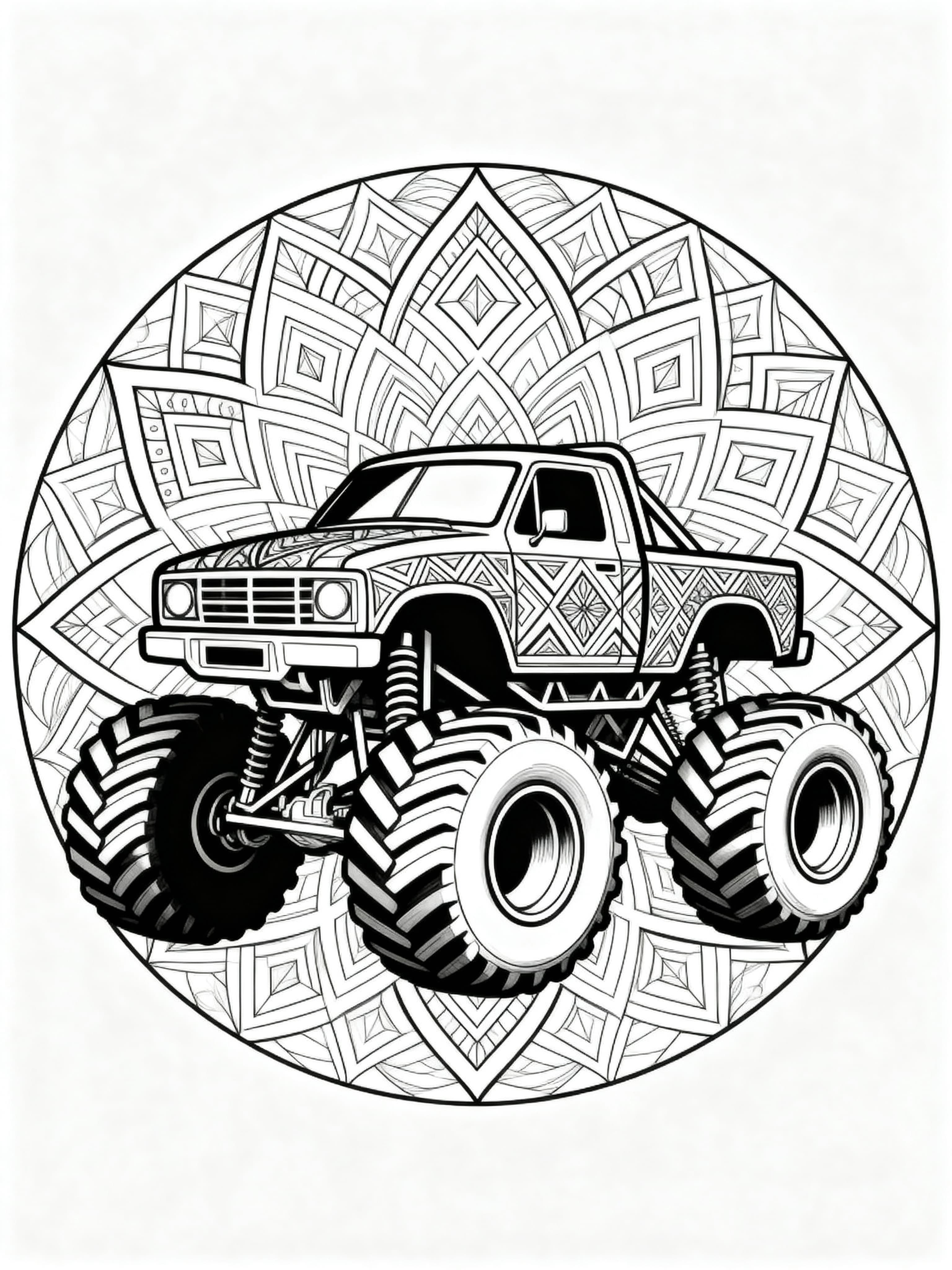 Printable mandala style Cool monstertruck coloring page for adults