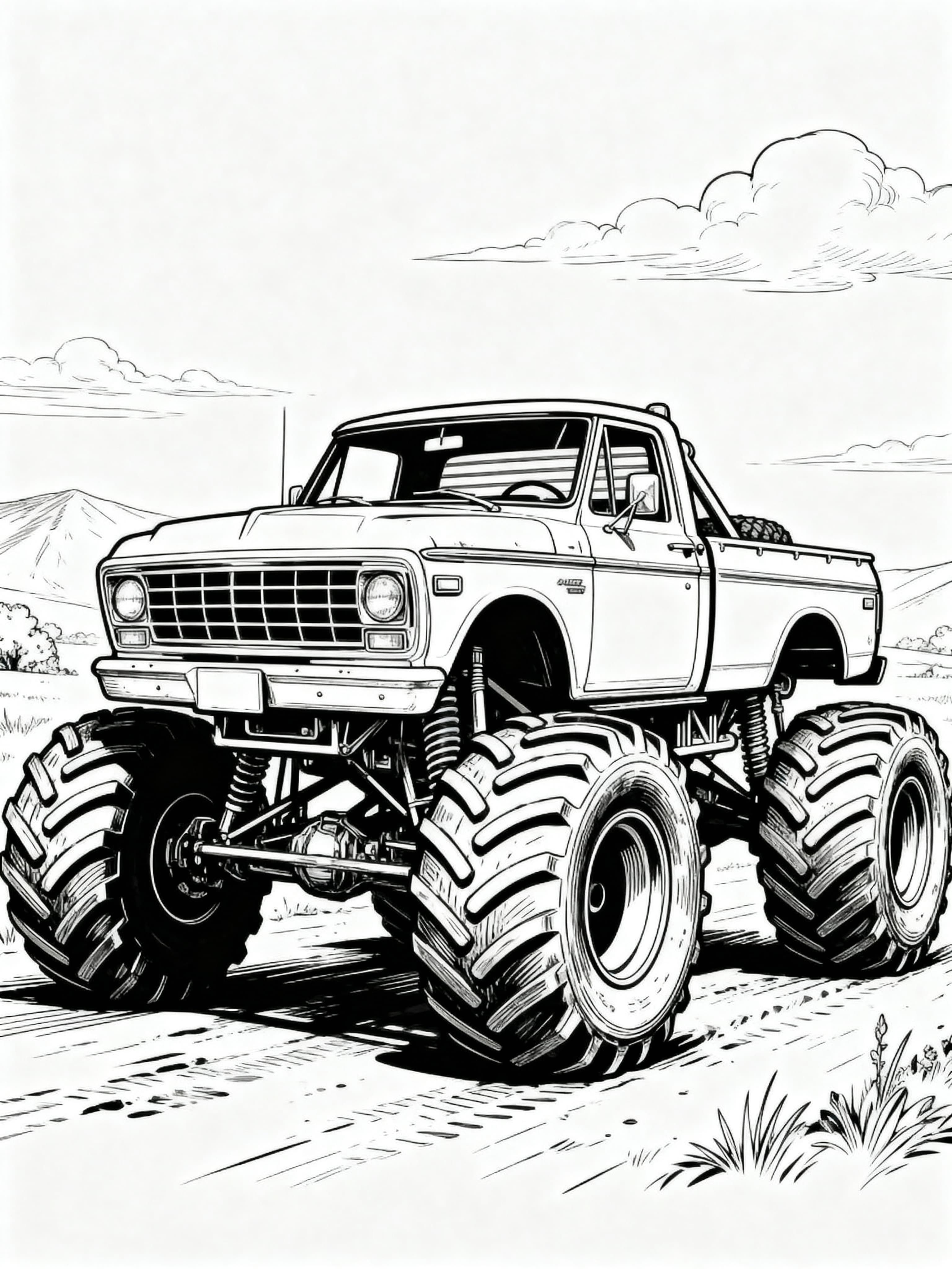 Printable coloring page featuring a vintage cool monstertruck for adults