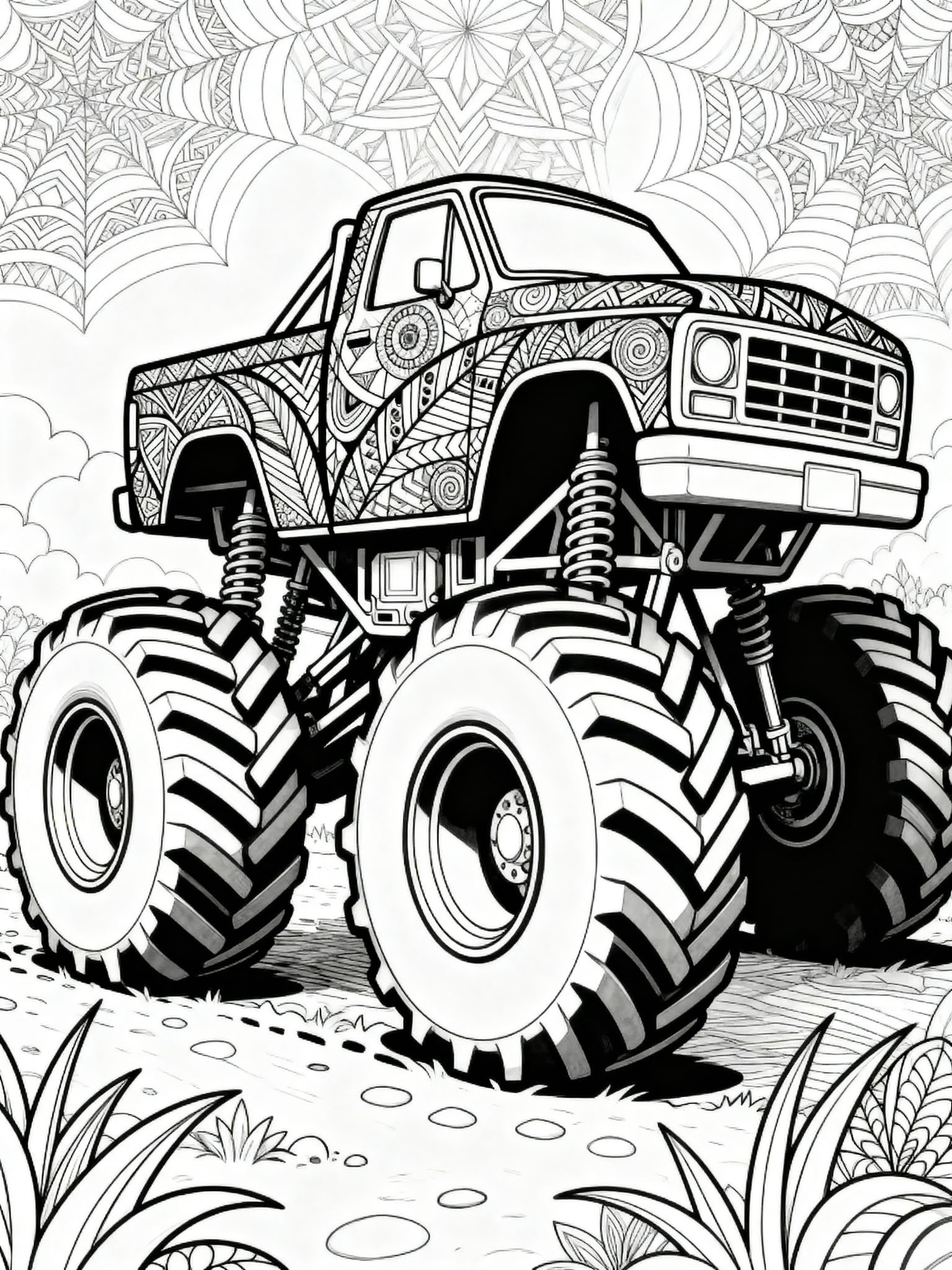 Printable coloring page featuring a Zentangle cool monstertruck design for adults and teens