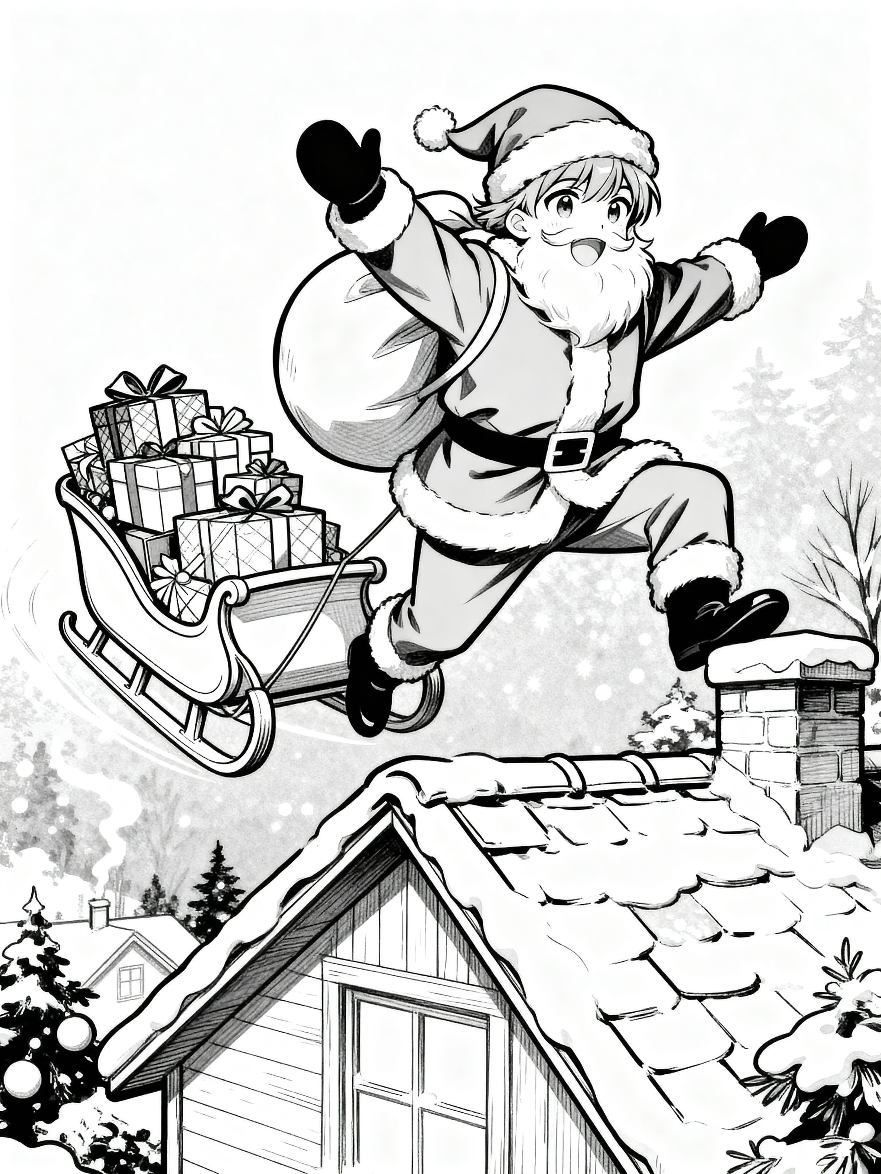 Anime Santa landing on a roof with the sled filled with presents Coloring Page