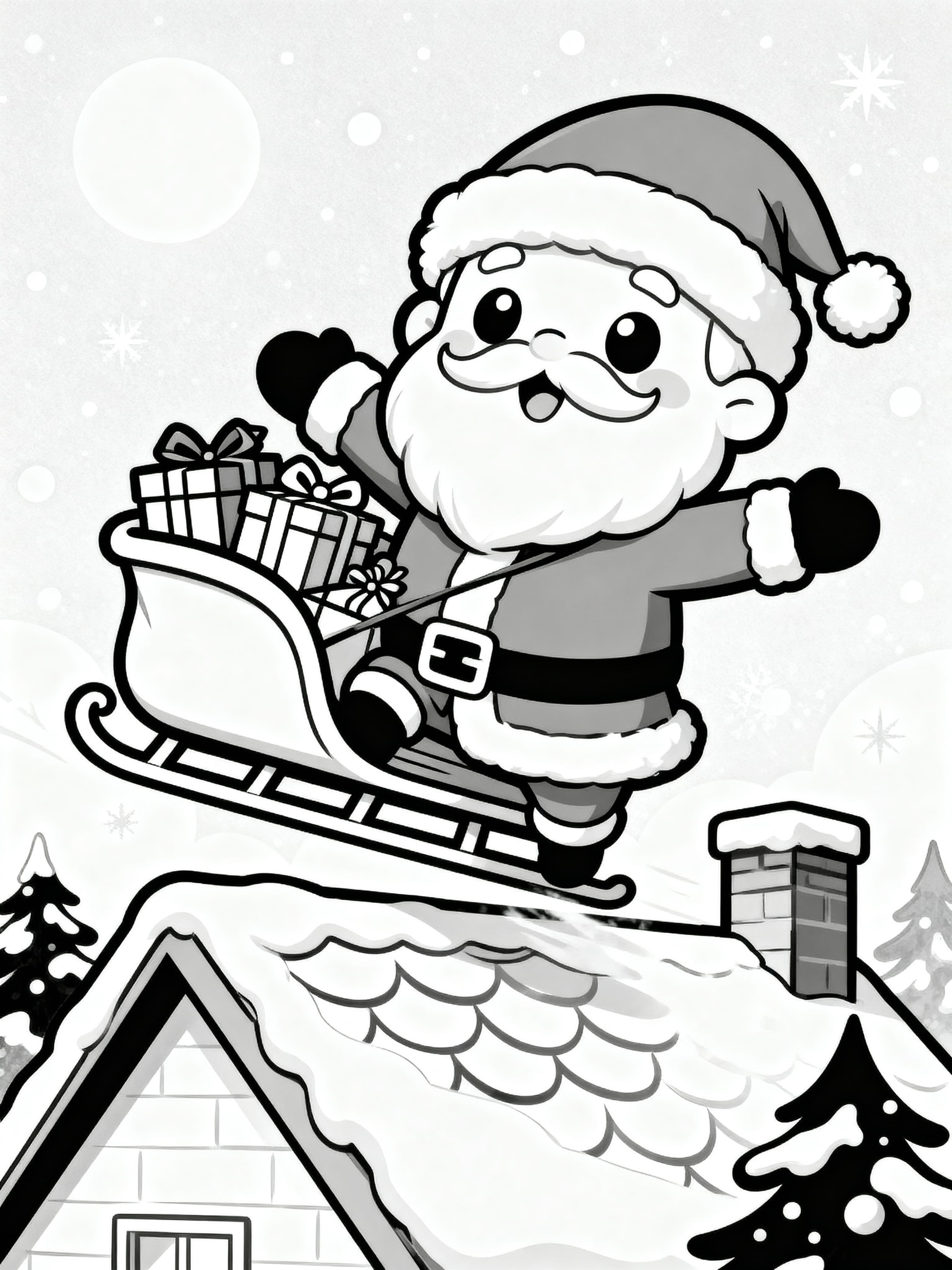Cute Cartoon Santa landing on a roof with the sled filled with presents Coloring Page