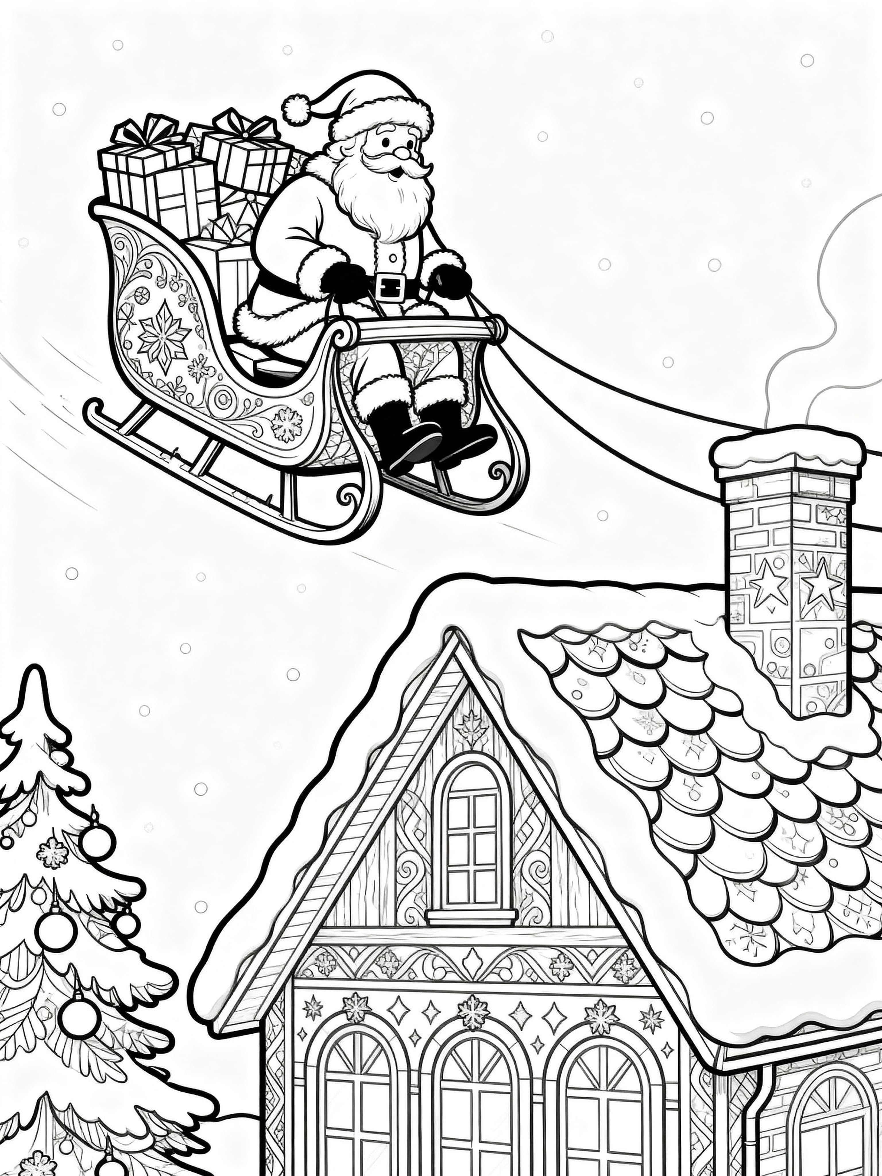 Detailed coloring page of Santa landing on a roof with sled filled with presents, perfect for adults