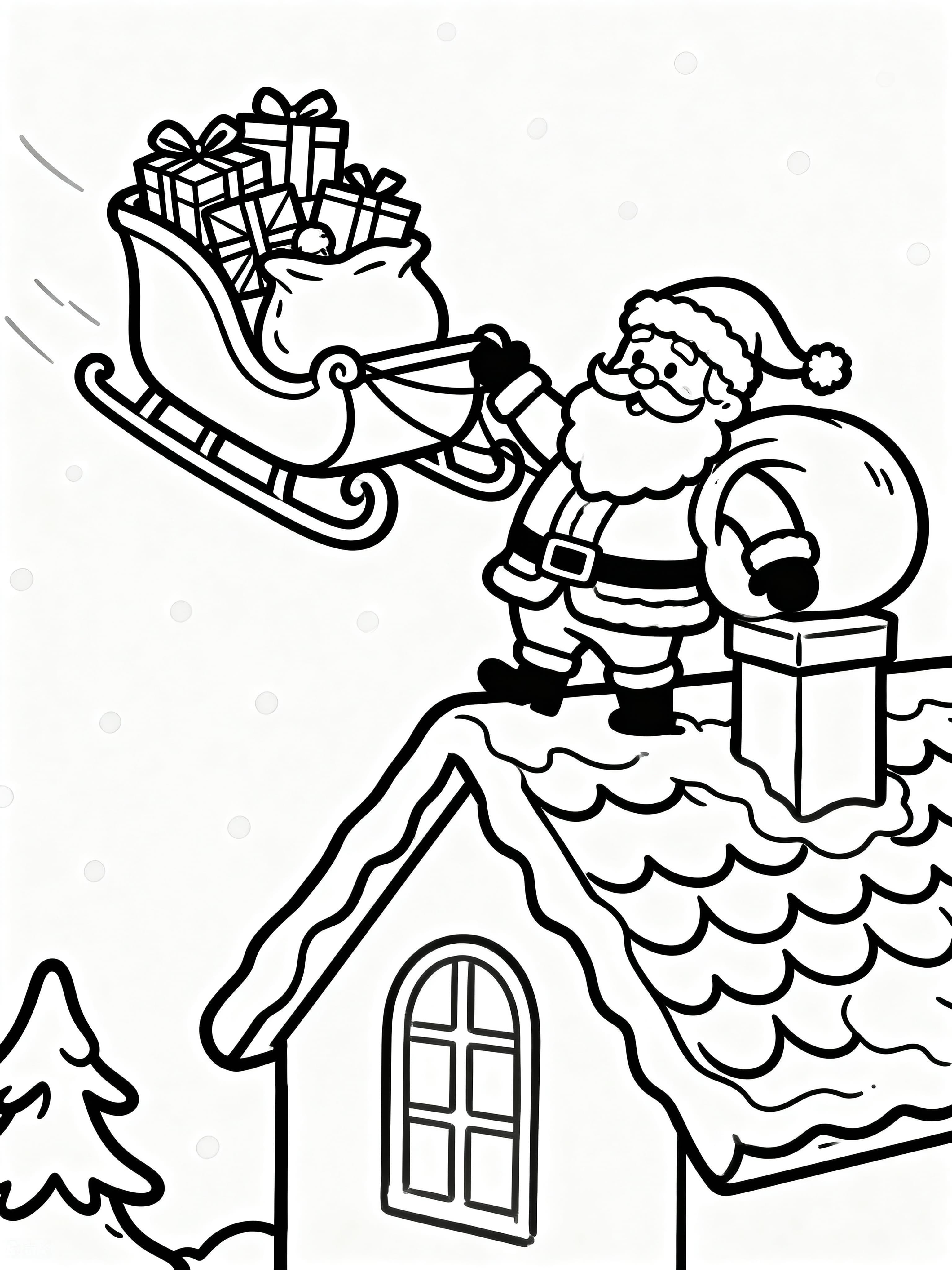 Doodle Santa landing on a roof with the sled filled with presents Coloring Page