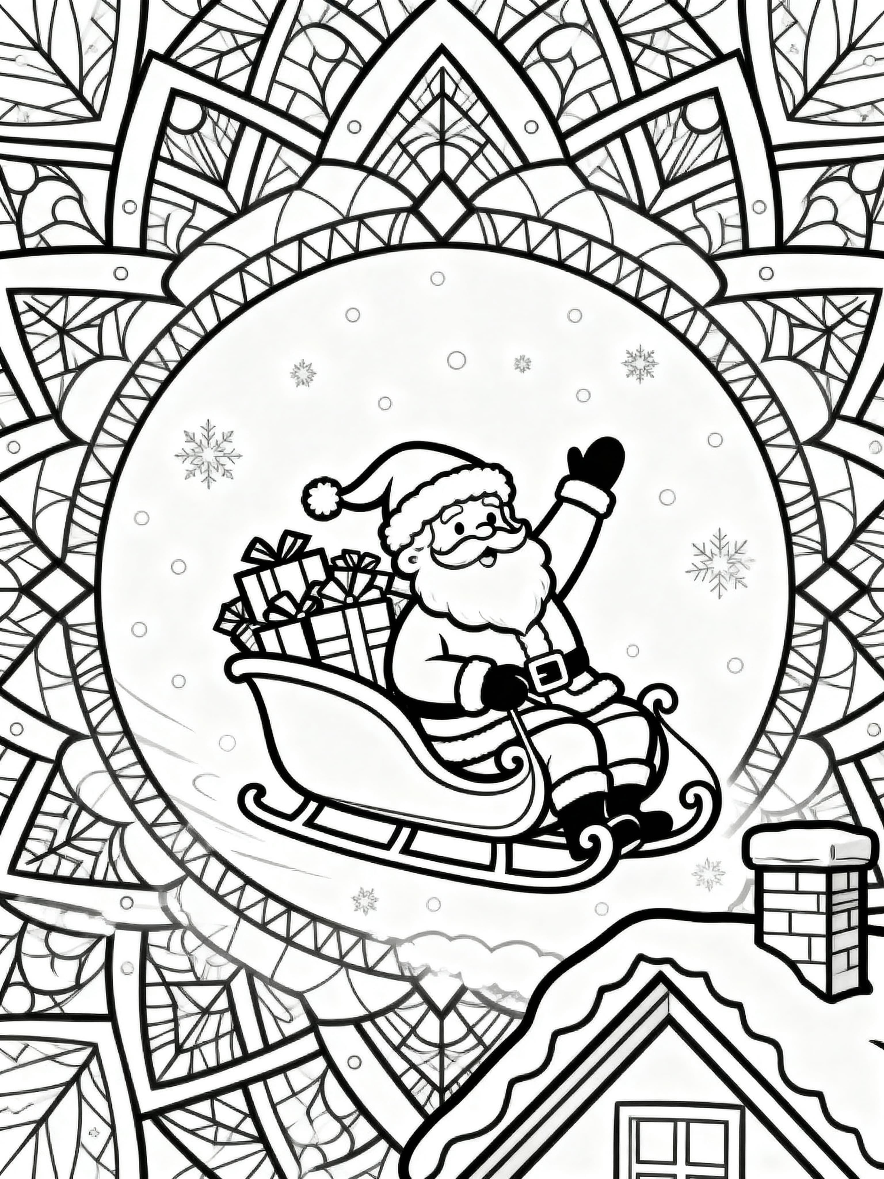 Mandala Style Santa landing on a roof with the sled filled with presents Coloring Page