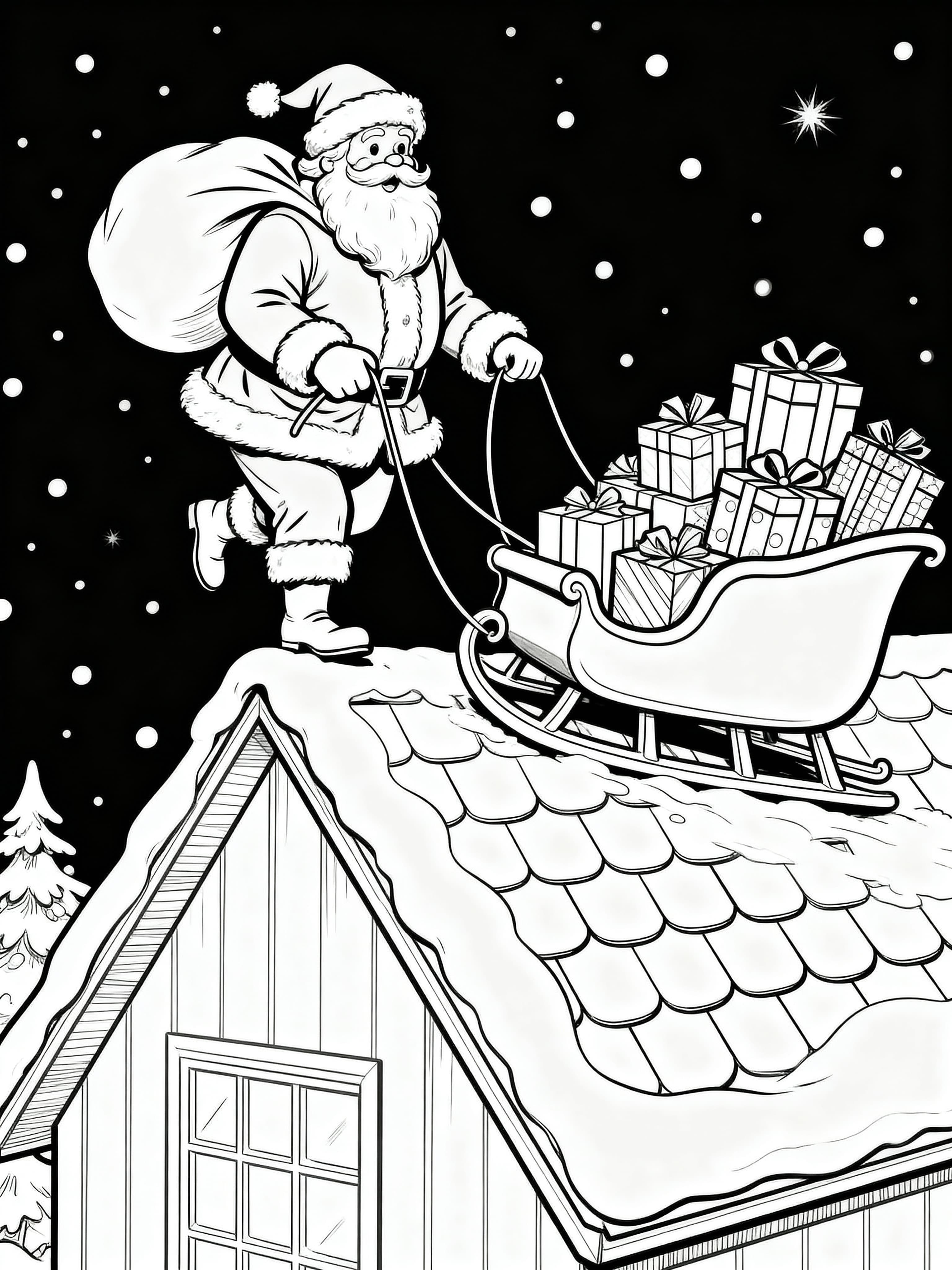 Realistic Santa landing on a roof with the sled filled with presents Coloring Page