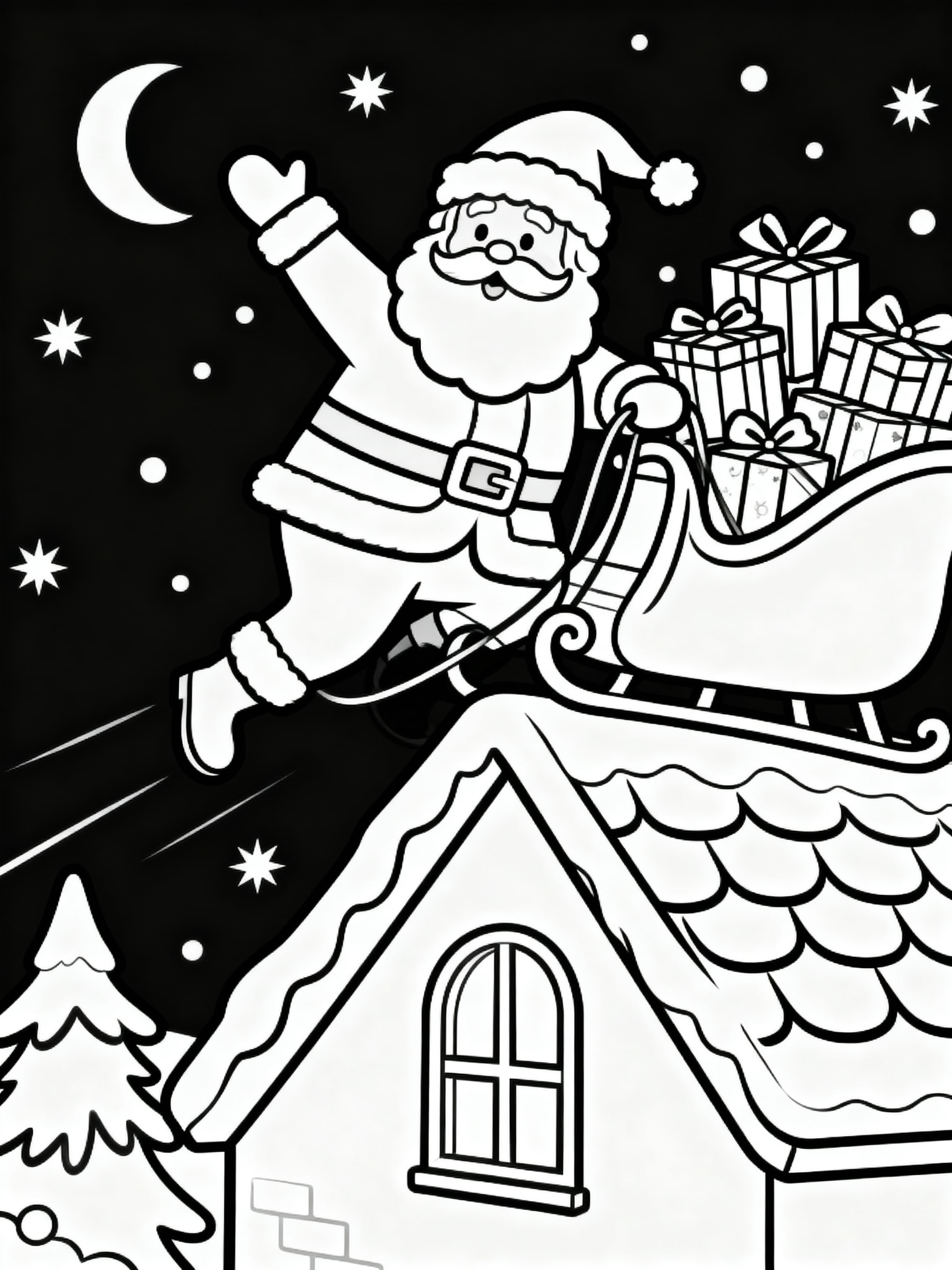 Simple (For Kids) Santa landing on a roof with the sled filled with presents Coloring Page