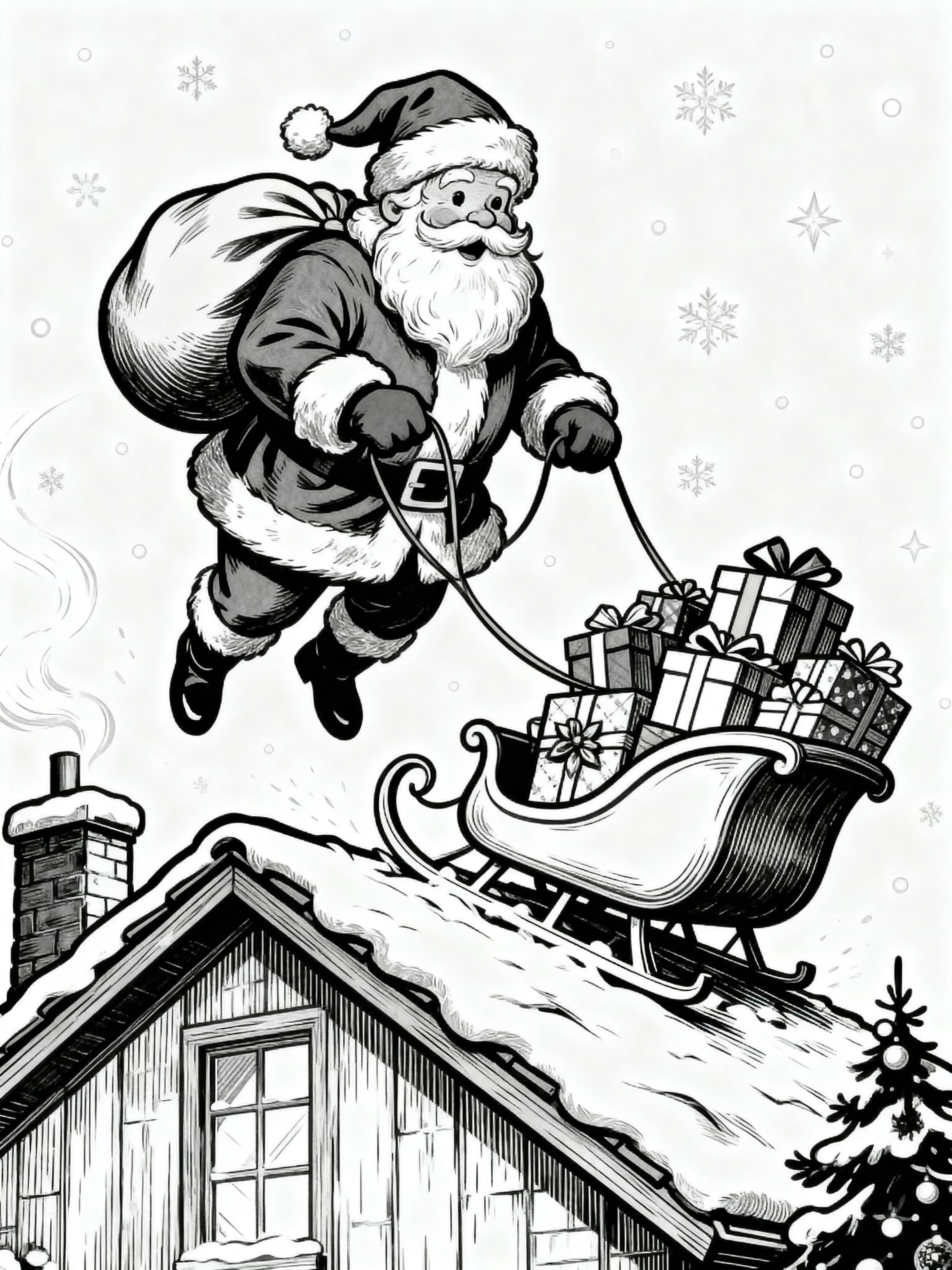 Vintage Santa landing on a roof with the sled filled with presents Coloring Page