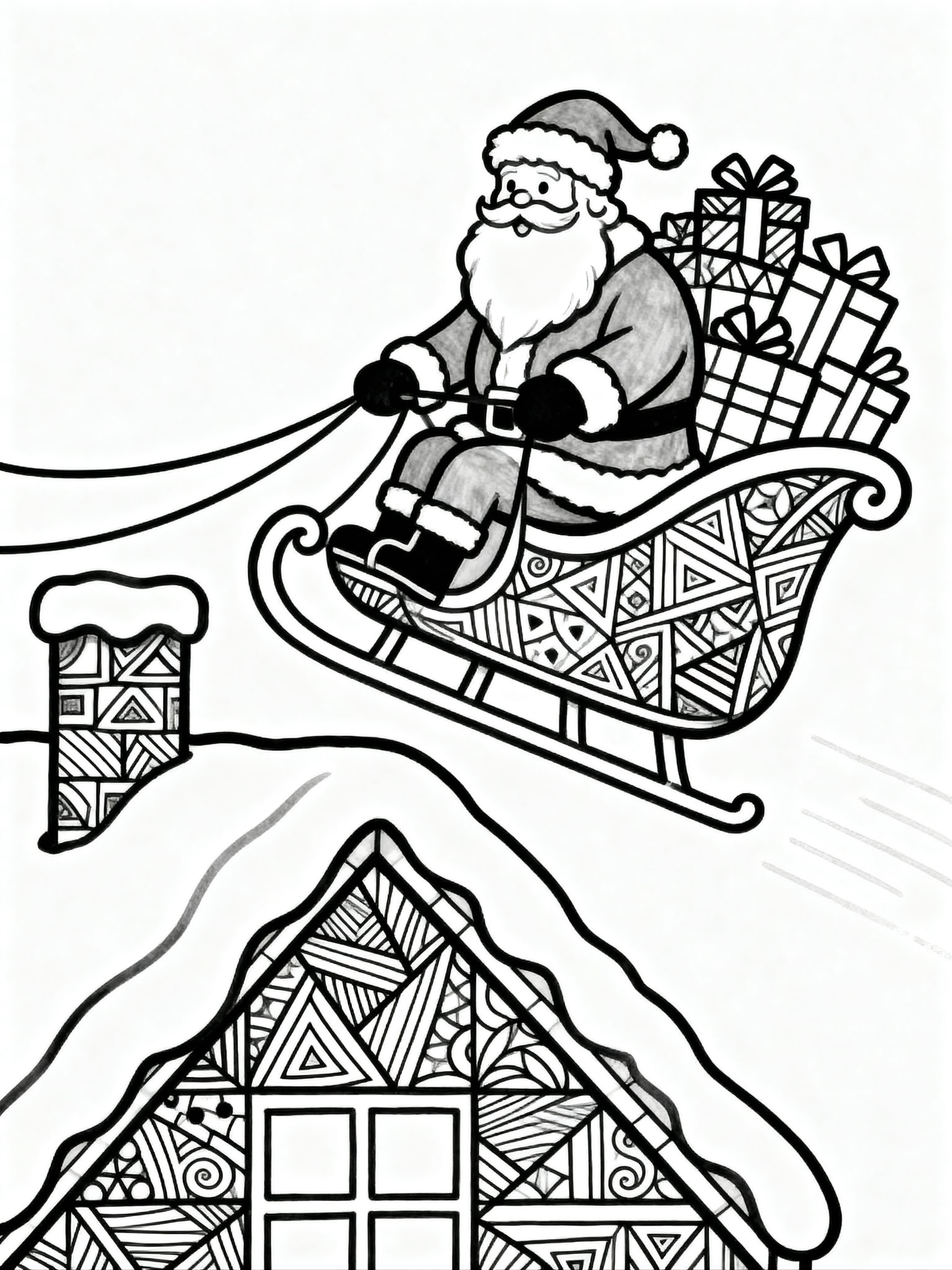 Zentangle Santa landing on a roof with the sled filled with presents Coloring Page