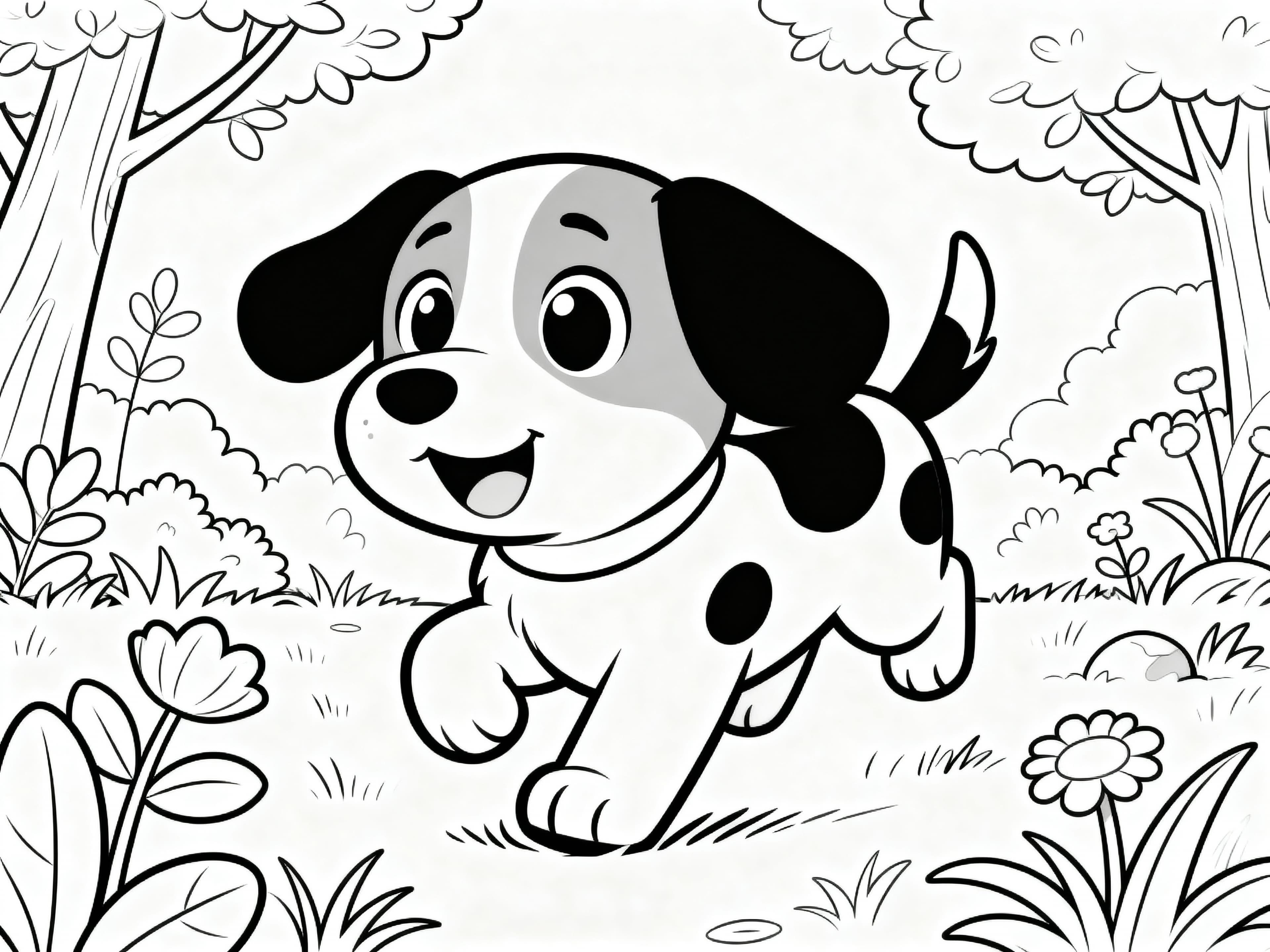 Cute Cartoon Dog playing around in nature Coloring Page