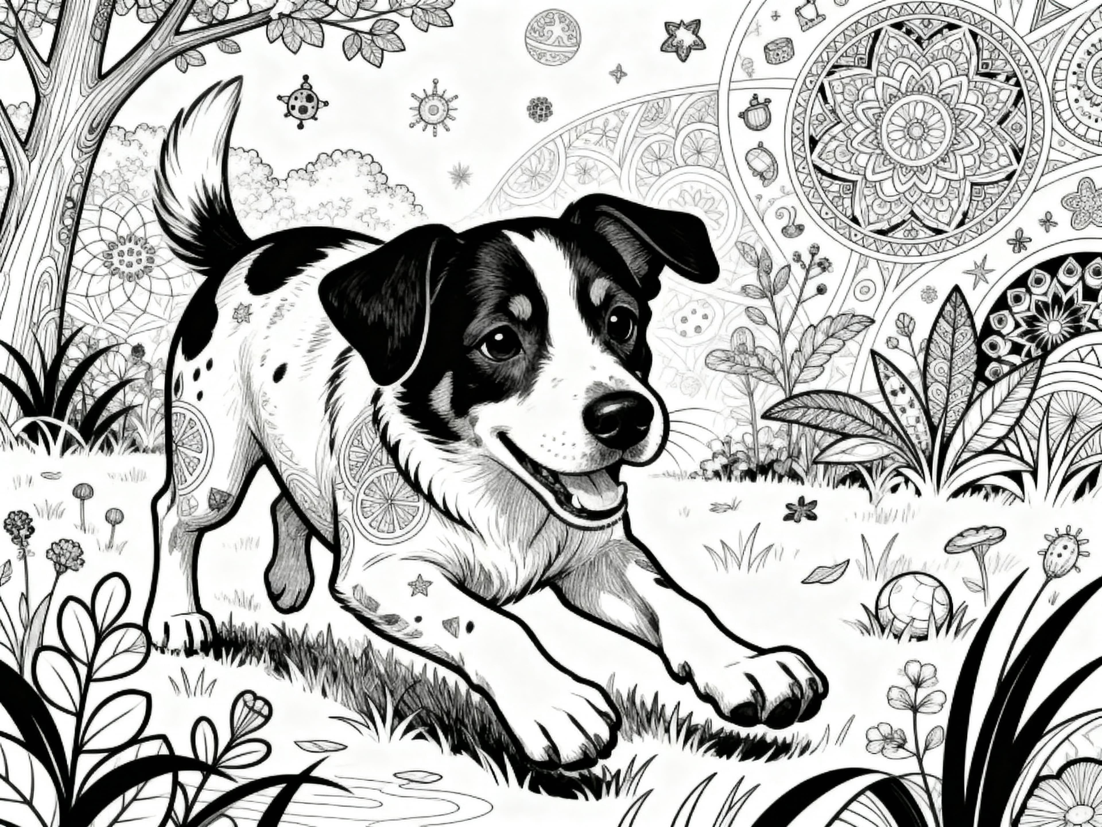 Detailed (For Adults) Dog playing around in nature Coloring Page