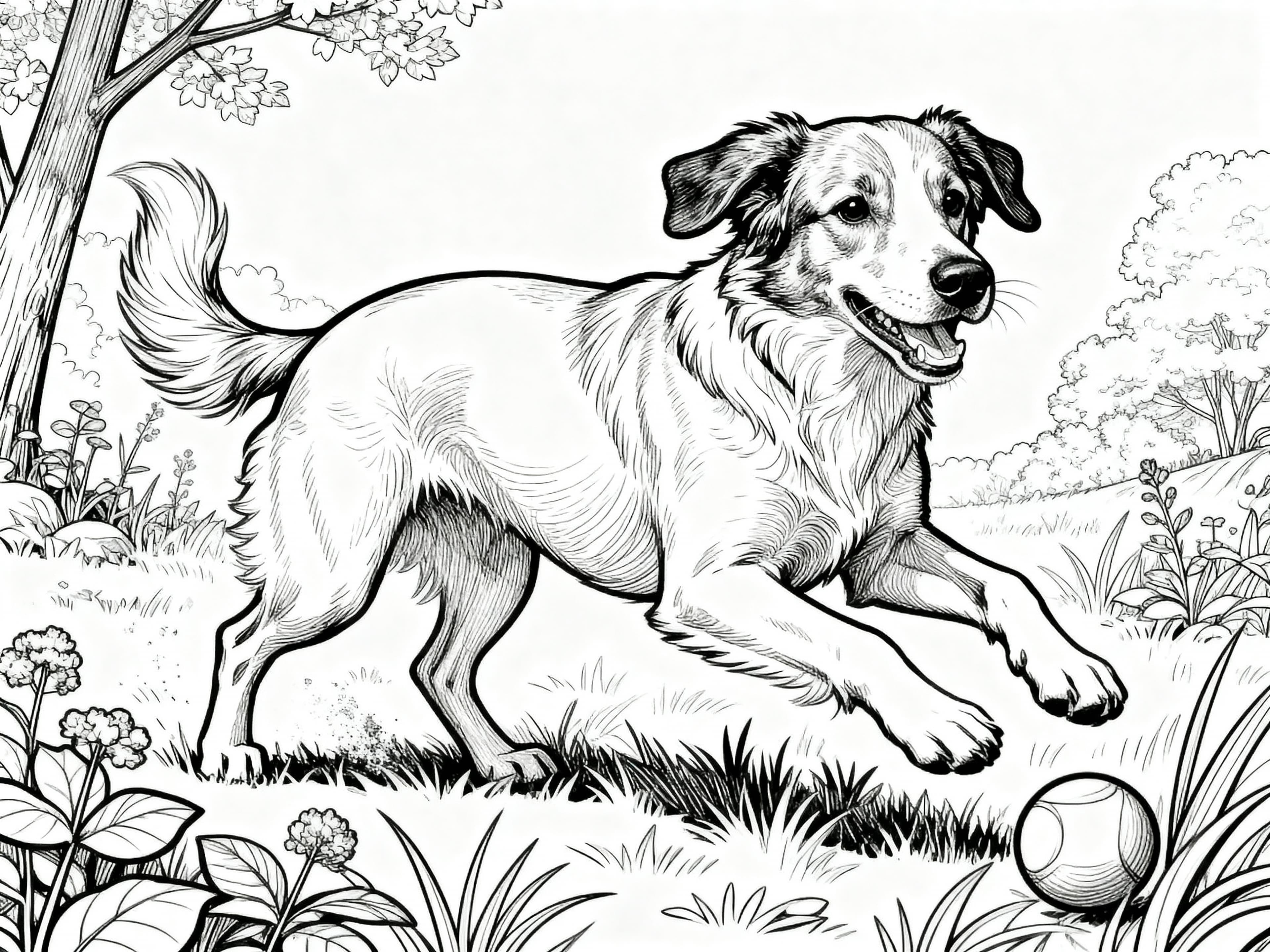 Realistic Dog playing around in nature Coloring Page