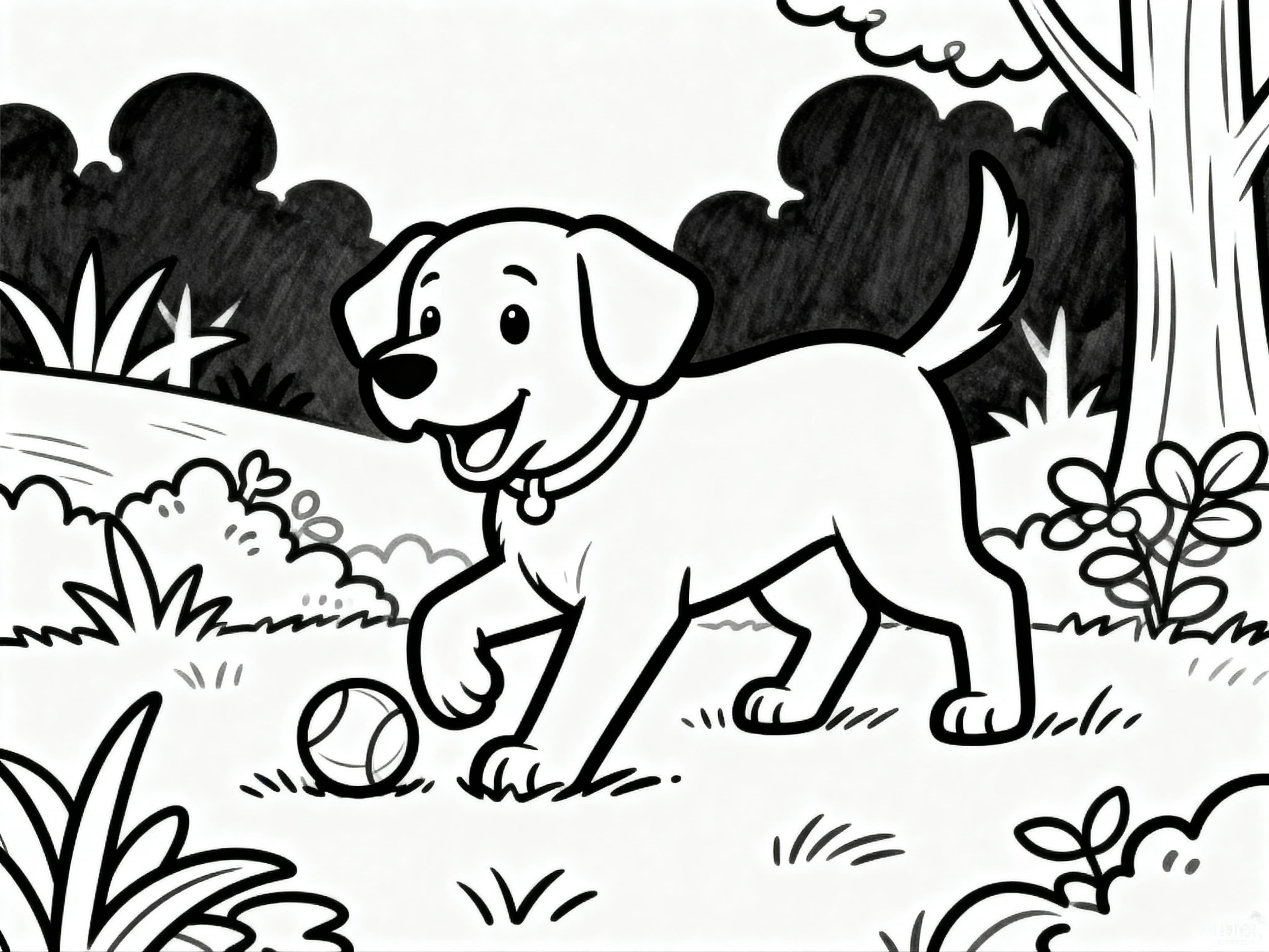Simple (For Kids) Dog playing around in nature Coloring Page
