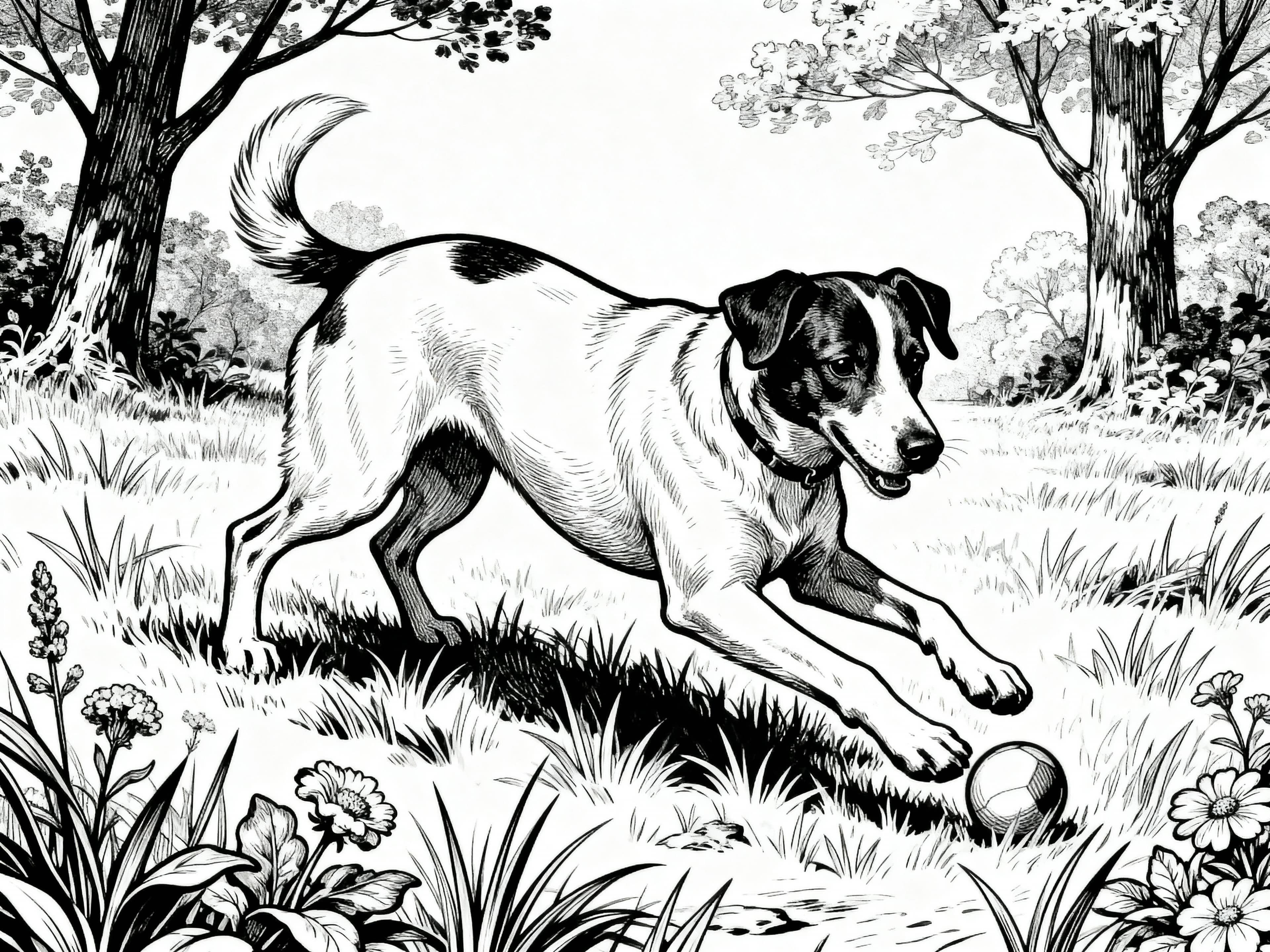 Vintage Dog playing around in nature Coloring Page