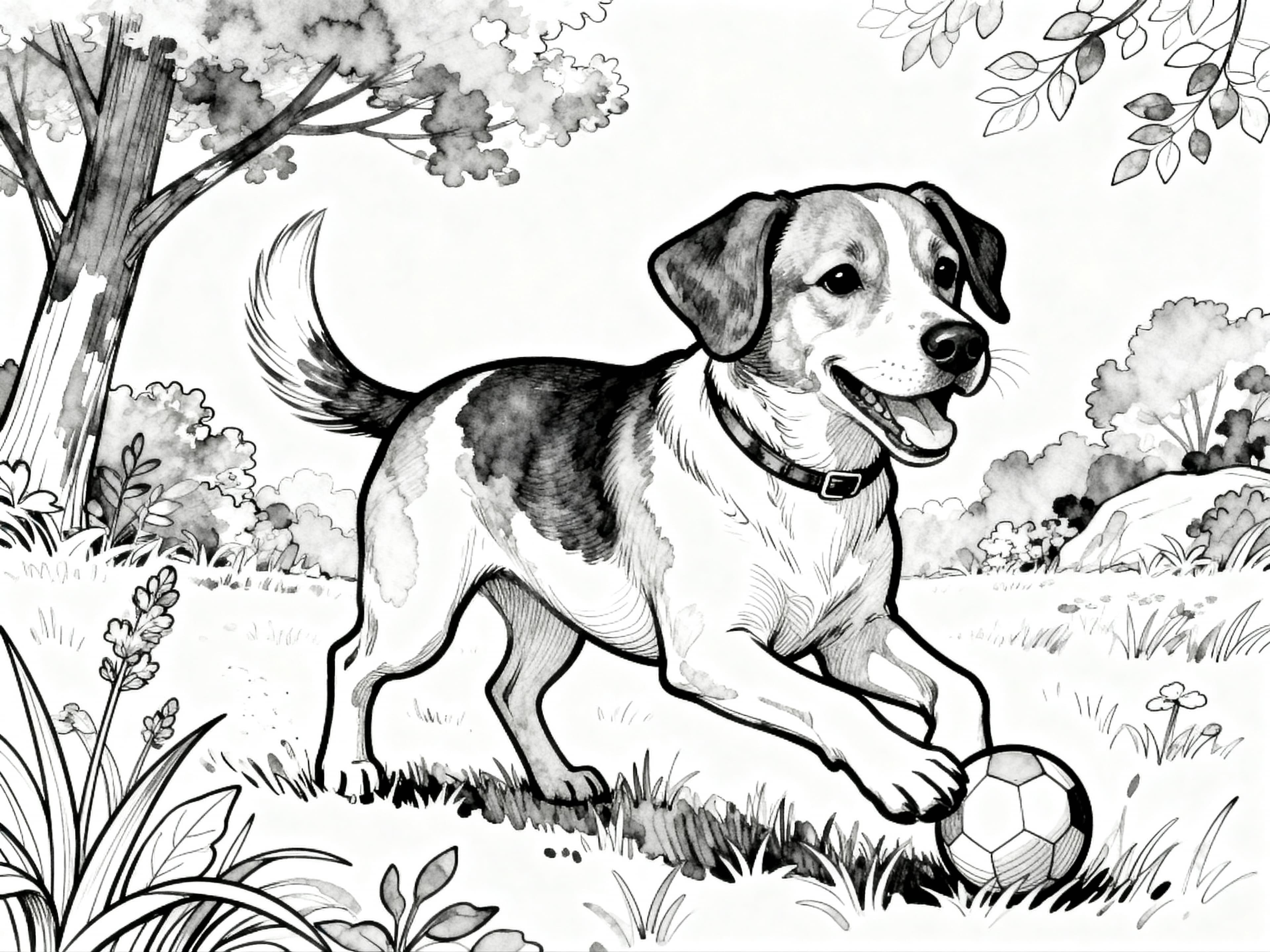 Coloring page of a dog playing in nature, perfect for all ages