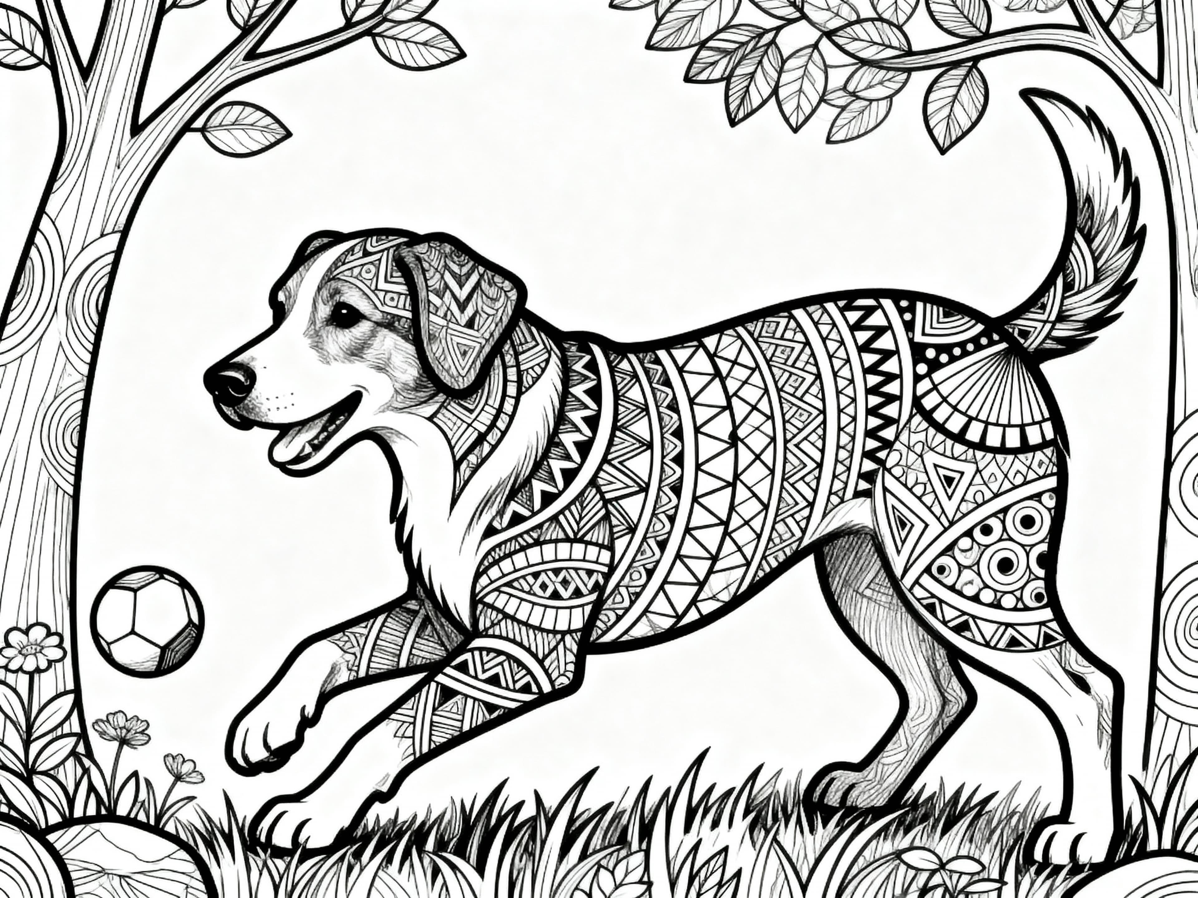 Zentangle Dog playing around in nature Coloring Page