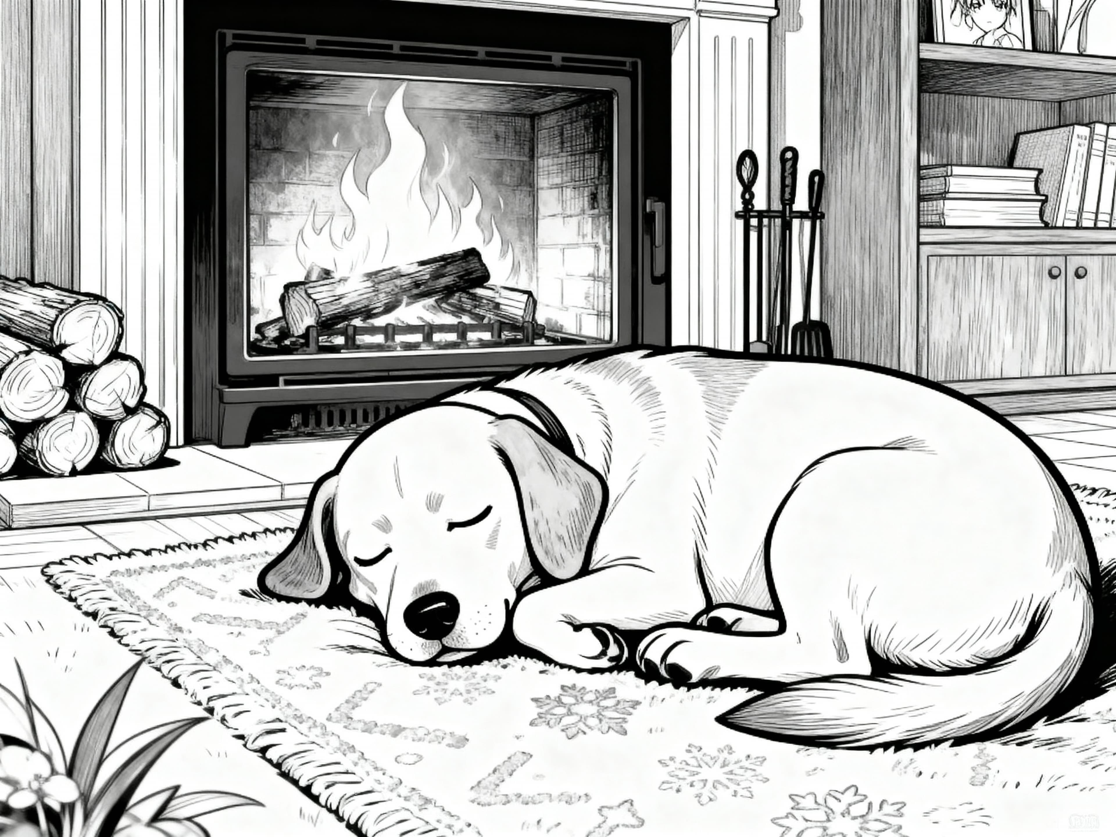 Anime Dog sleeping calmy by the fireplace Coloring Page