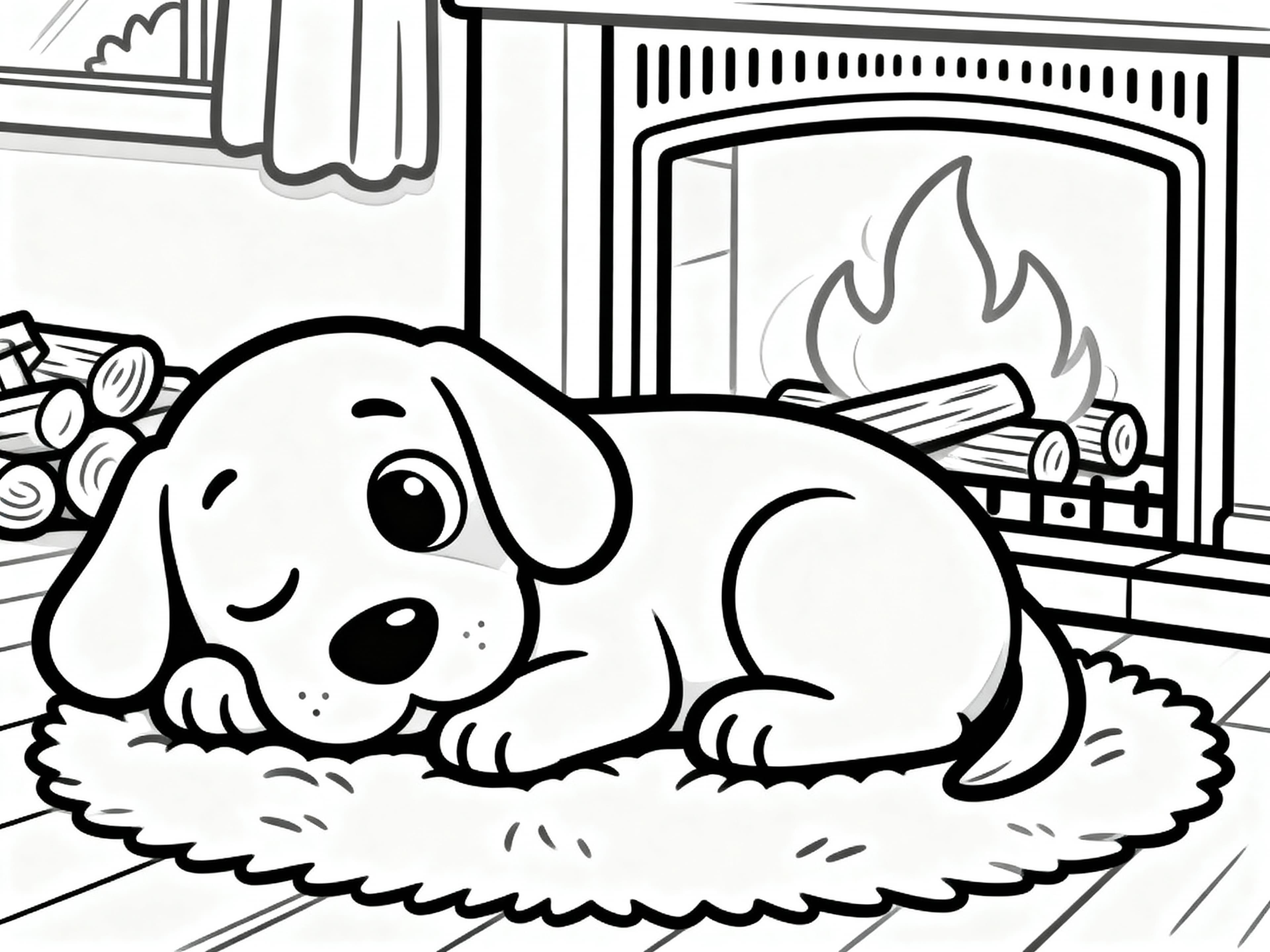 Cute Cartoon Dog sleeping calmy by the fireplace Coloring Page