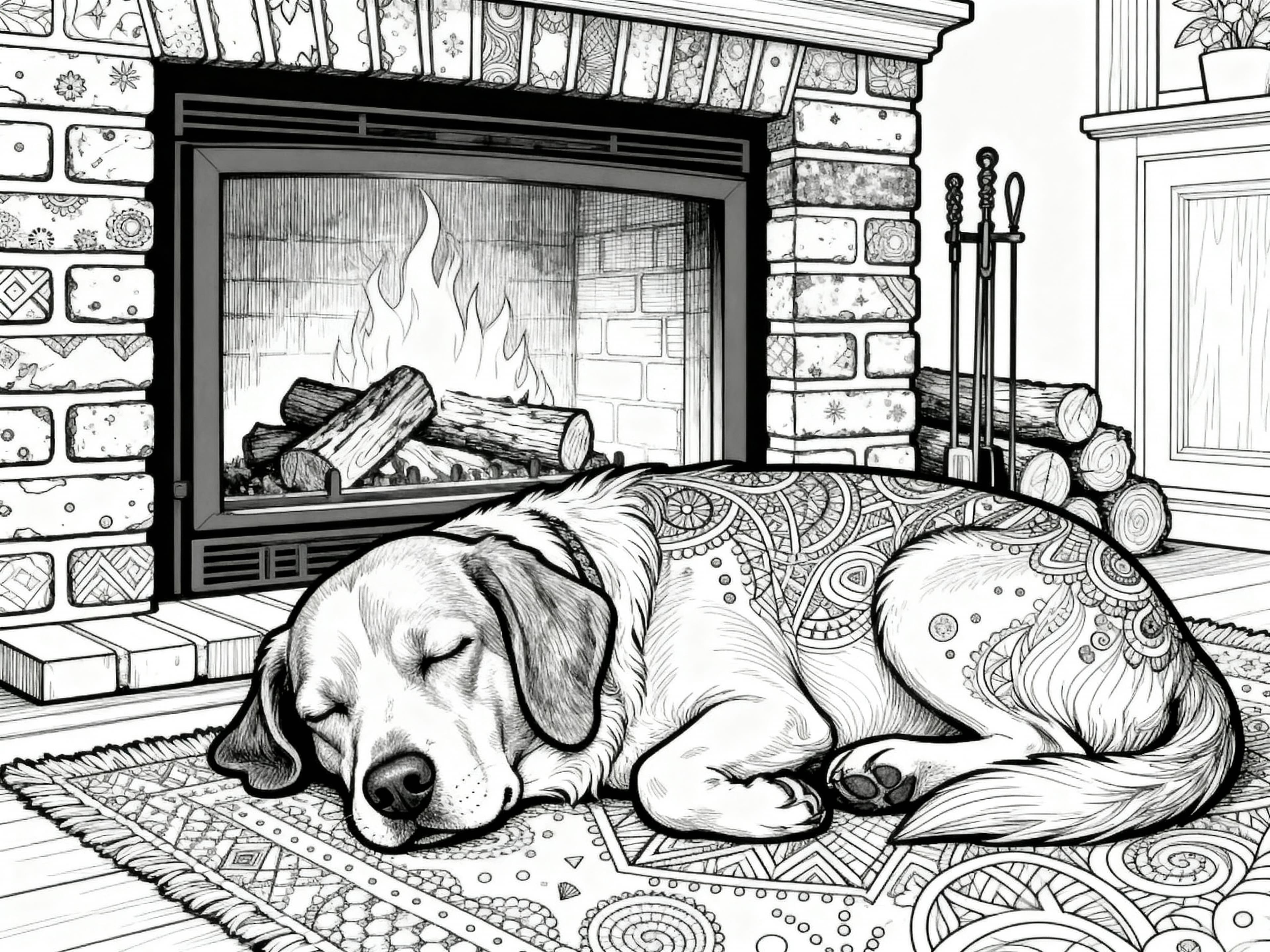 Detailed (For Adults) Dog sleeping calmy by the fireplace Coloring Page