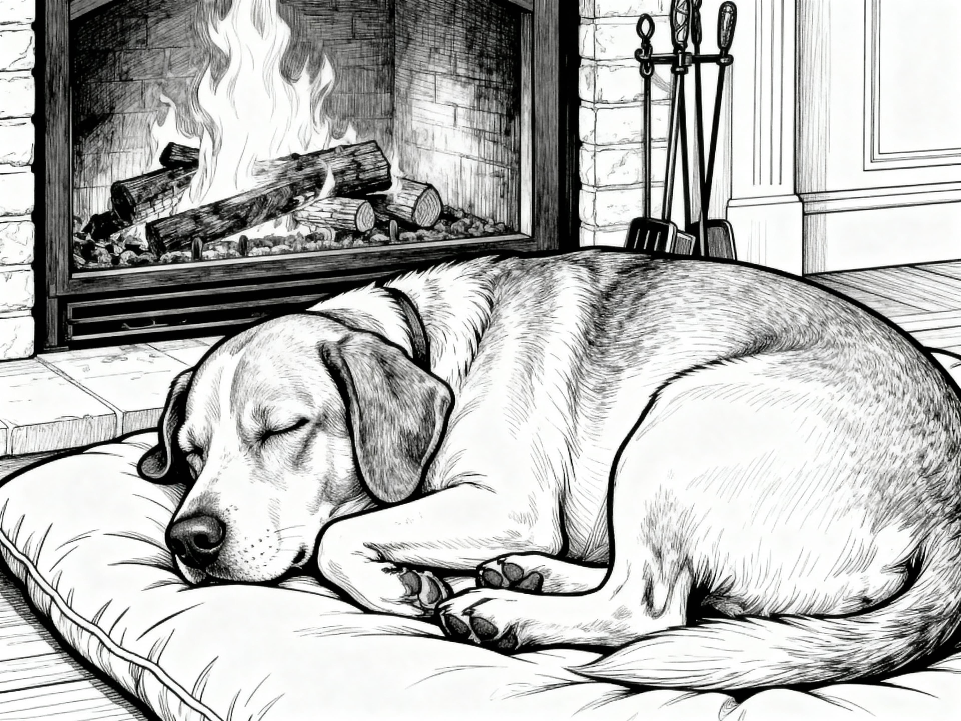 Realistic Dog sleeping calmy by the fireplace Coloring Page