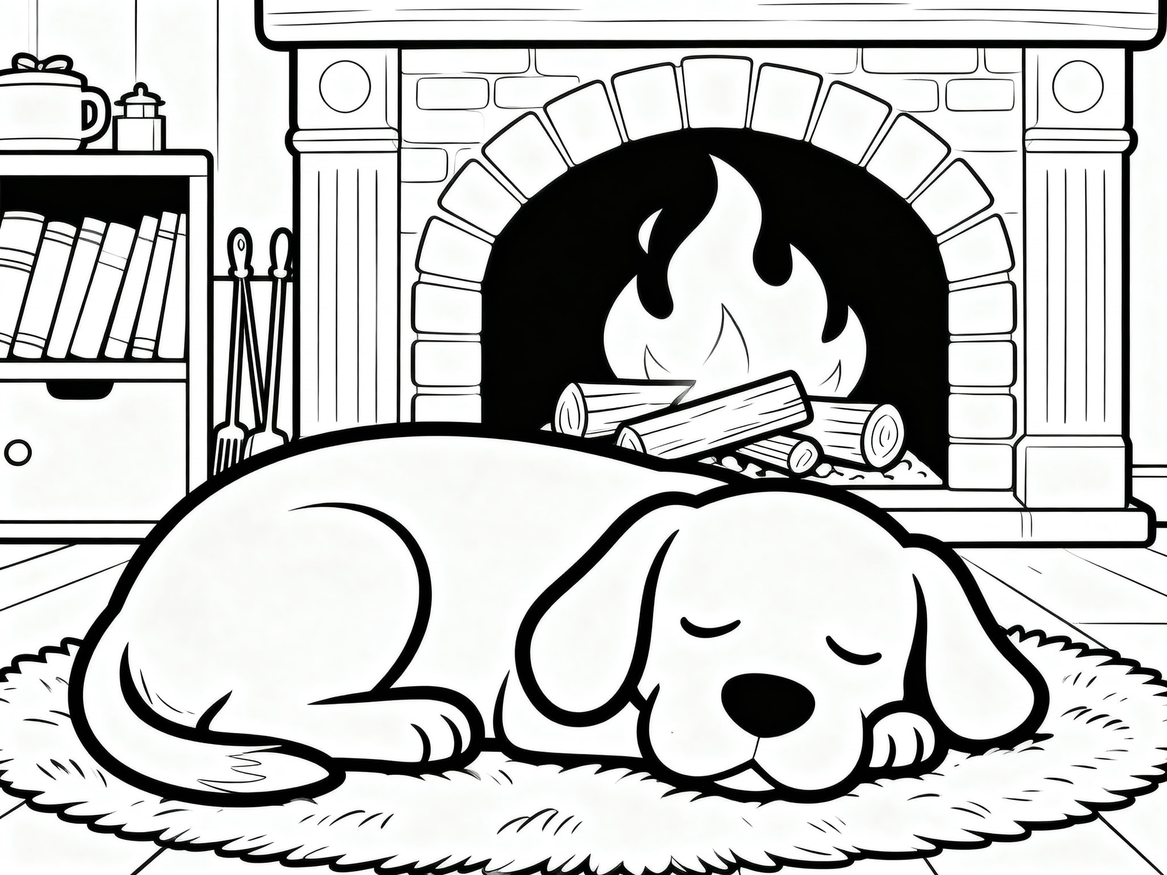 Simple (For Kids) Dog sleeping calmy by the fireplace Coloring Page