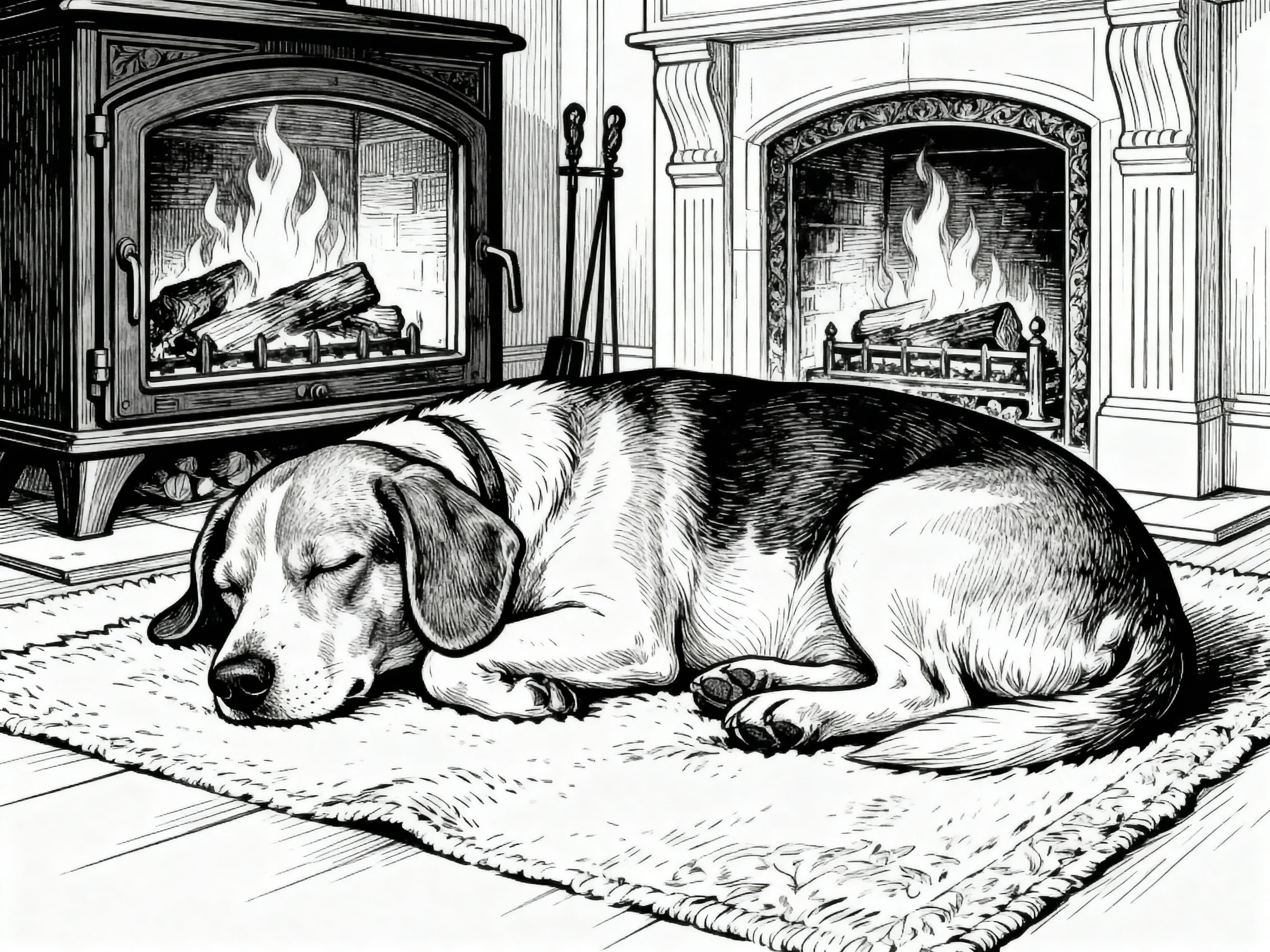 Vintage Dog sleeping calmy by the fireplace Coloring Page