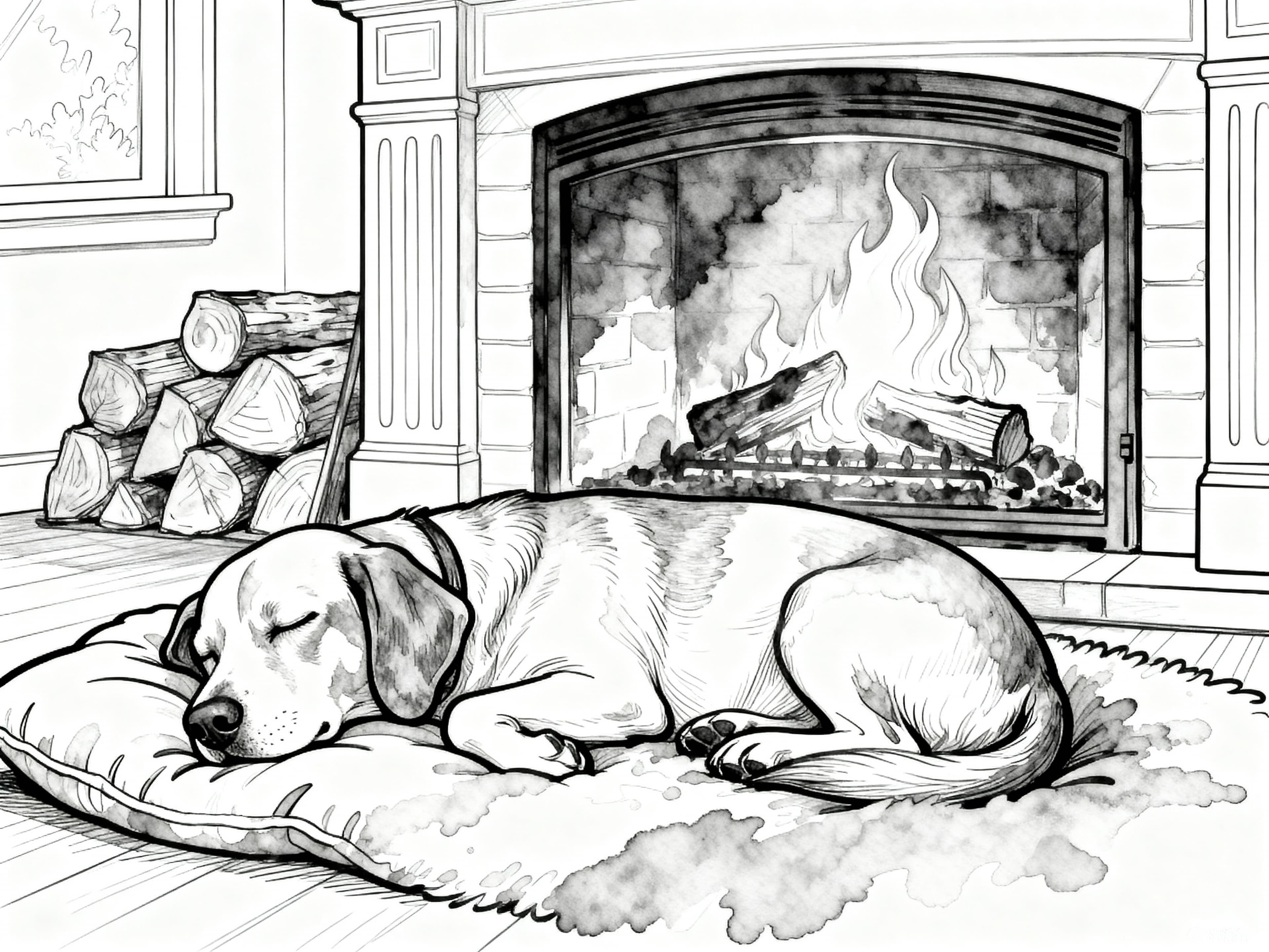 Watercolor Outline Dog sleeping calmy by the fireplace Coloring Page