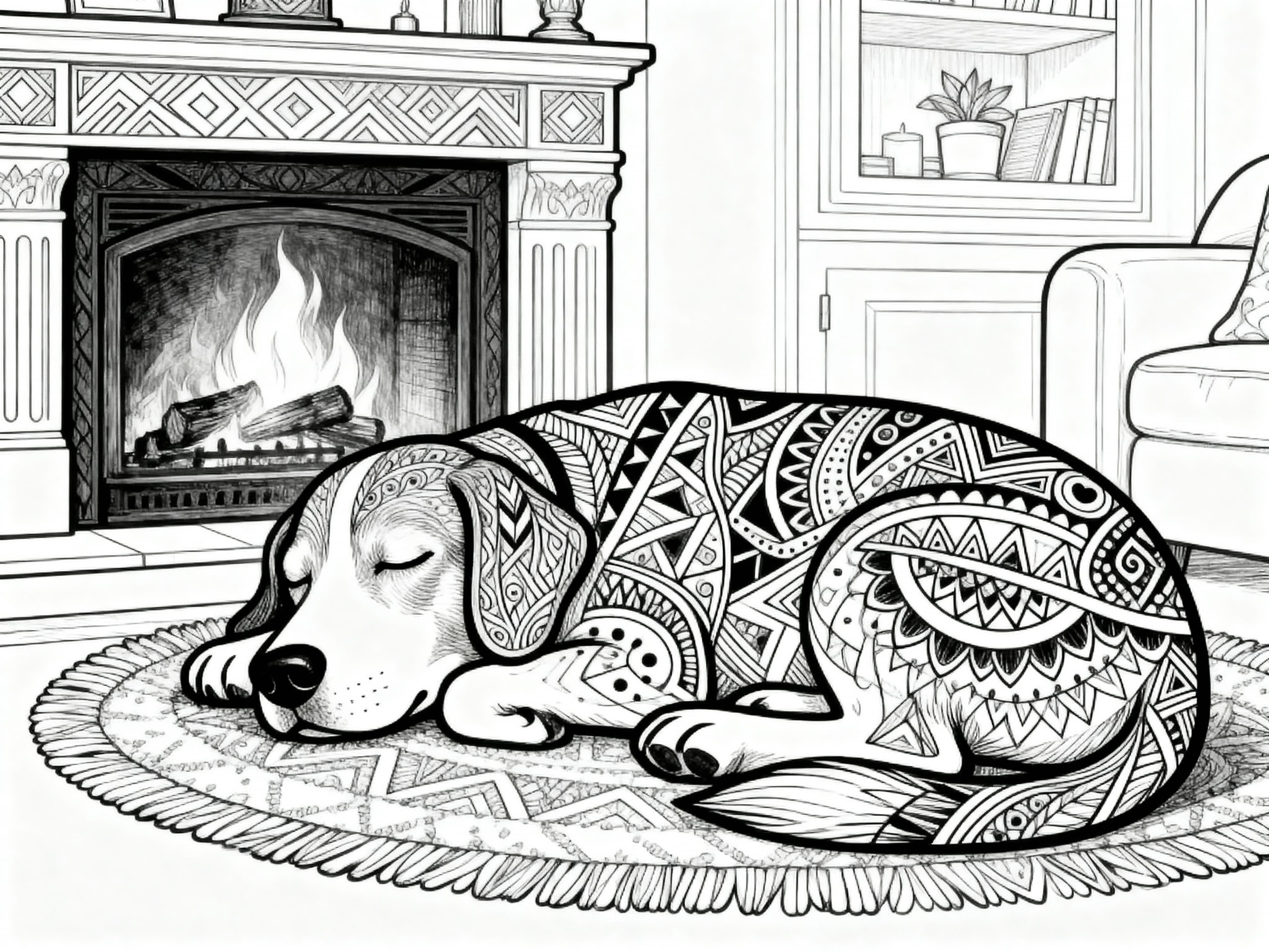 Zentangle Dog sleeping calmy by the fireplace Coloring Page