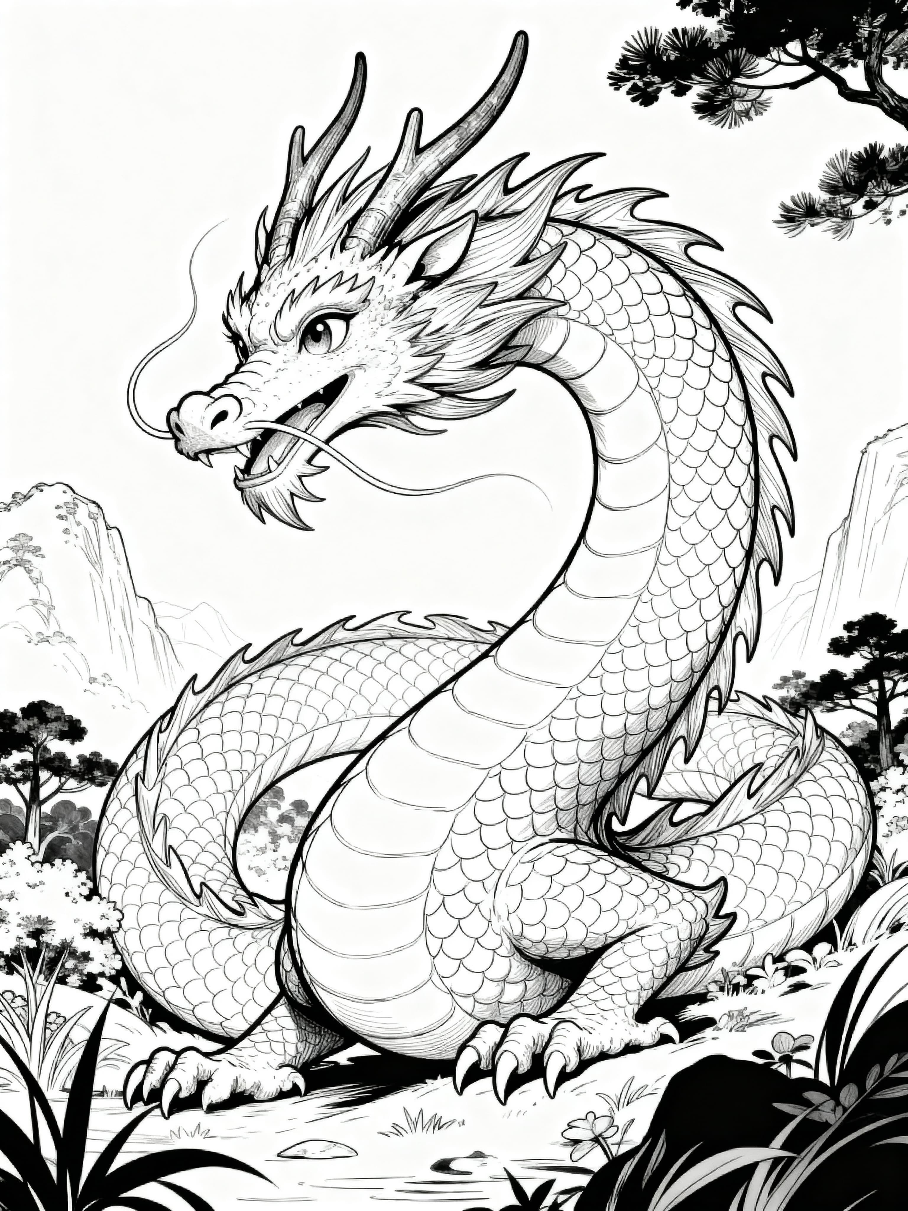 Printable coloring page featuring a beautiful dragon in a serene nature scene, perfect for anime fans.