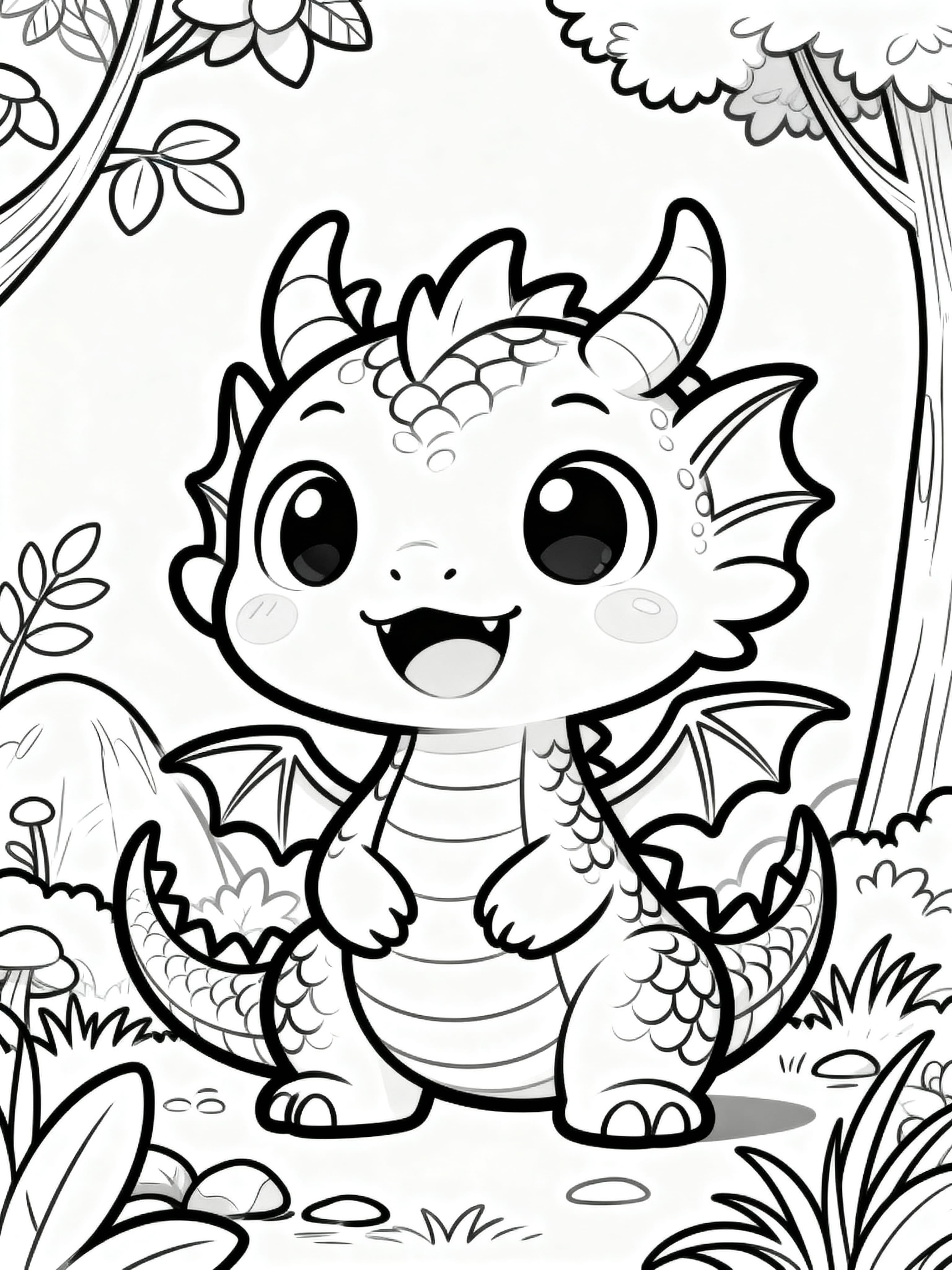 Cute Cartoon Beautiful dragon in a nature scene Coloring Page