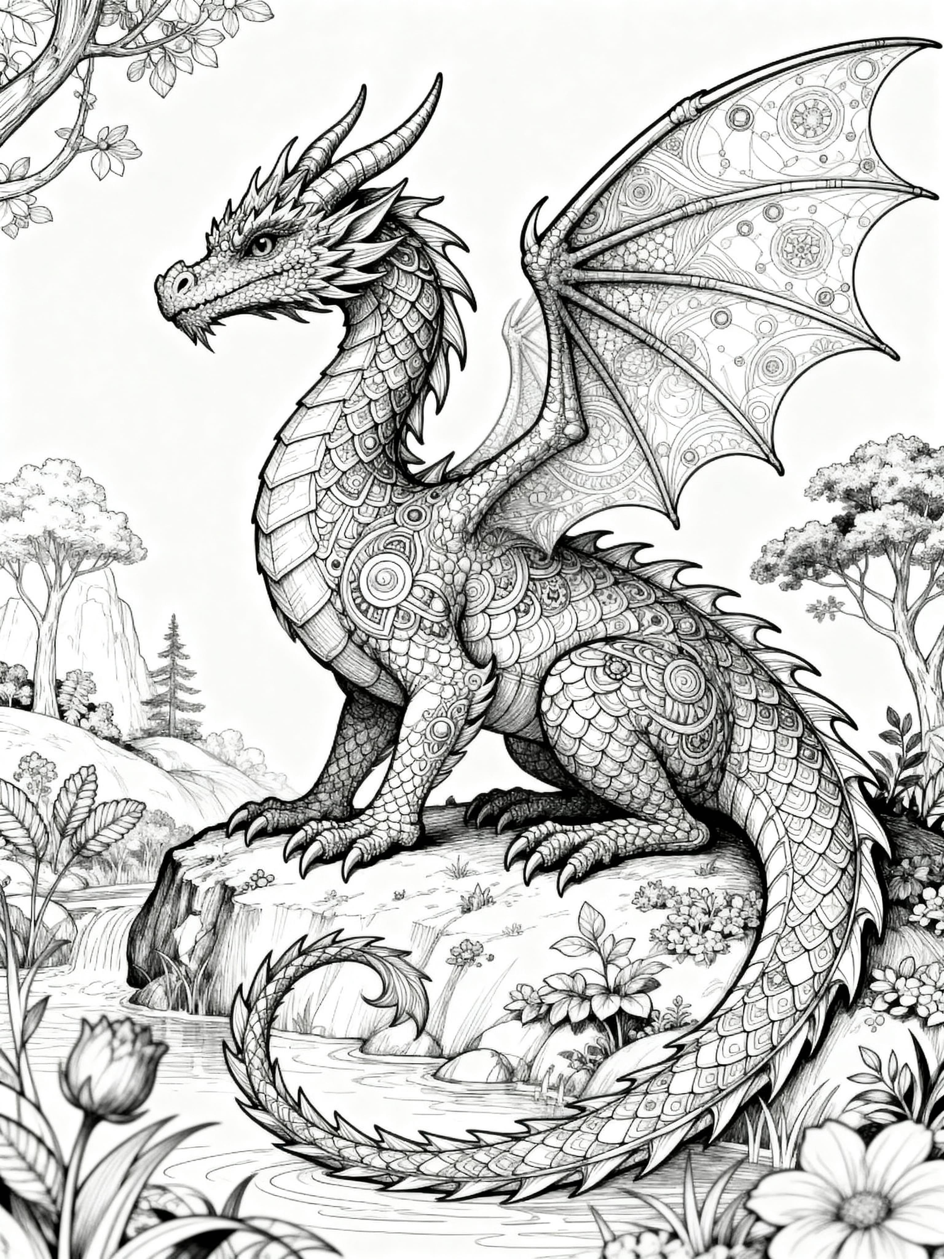 Detailed (For Adults) Beautiful dragon in a nature scene Coloring Page