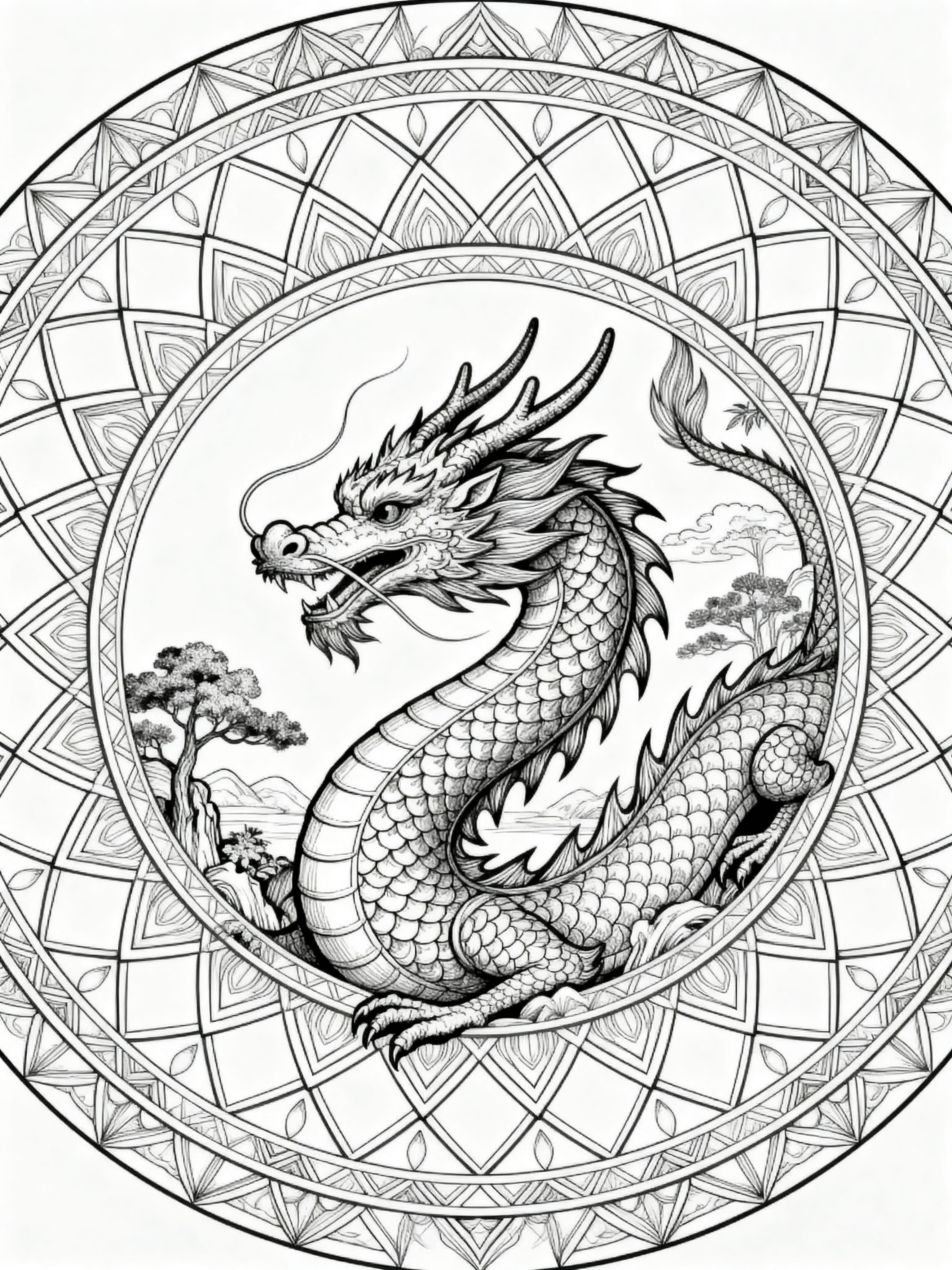 Printable coloring page of a beautiful dragon in a serene nature scene