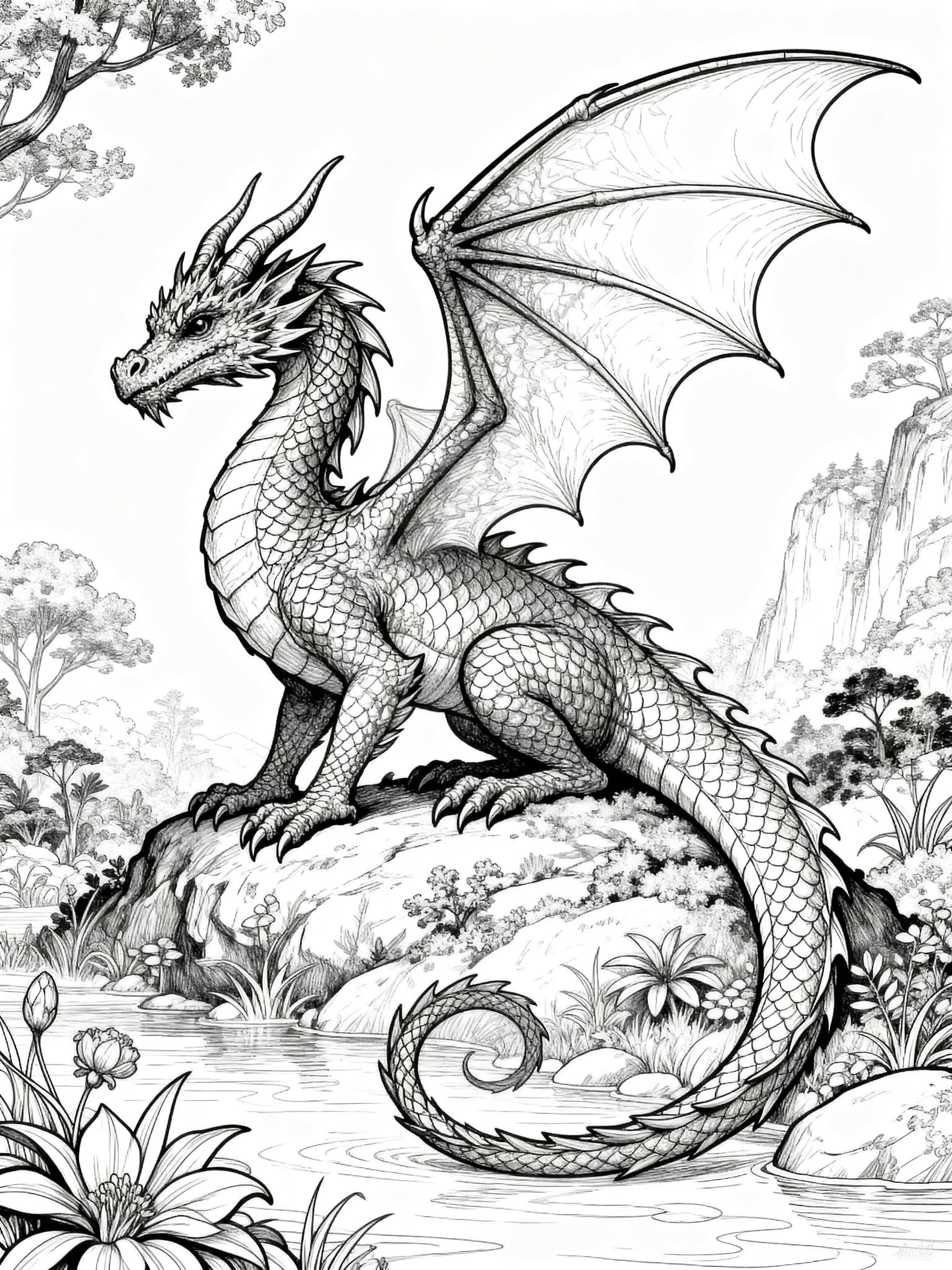 Printable coloring page featuring a realistic beautiful dragon in a serene nature scene