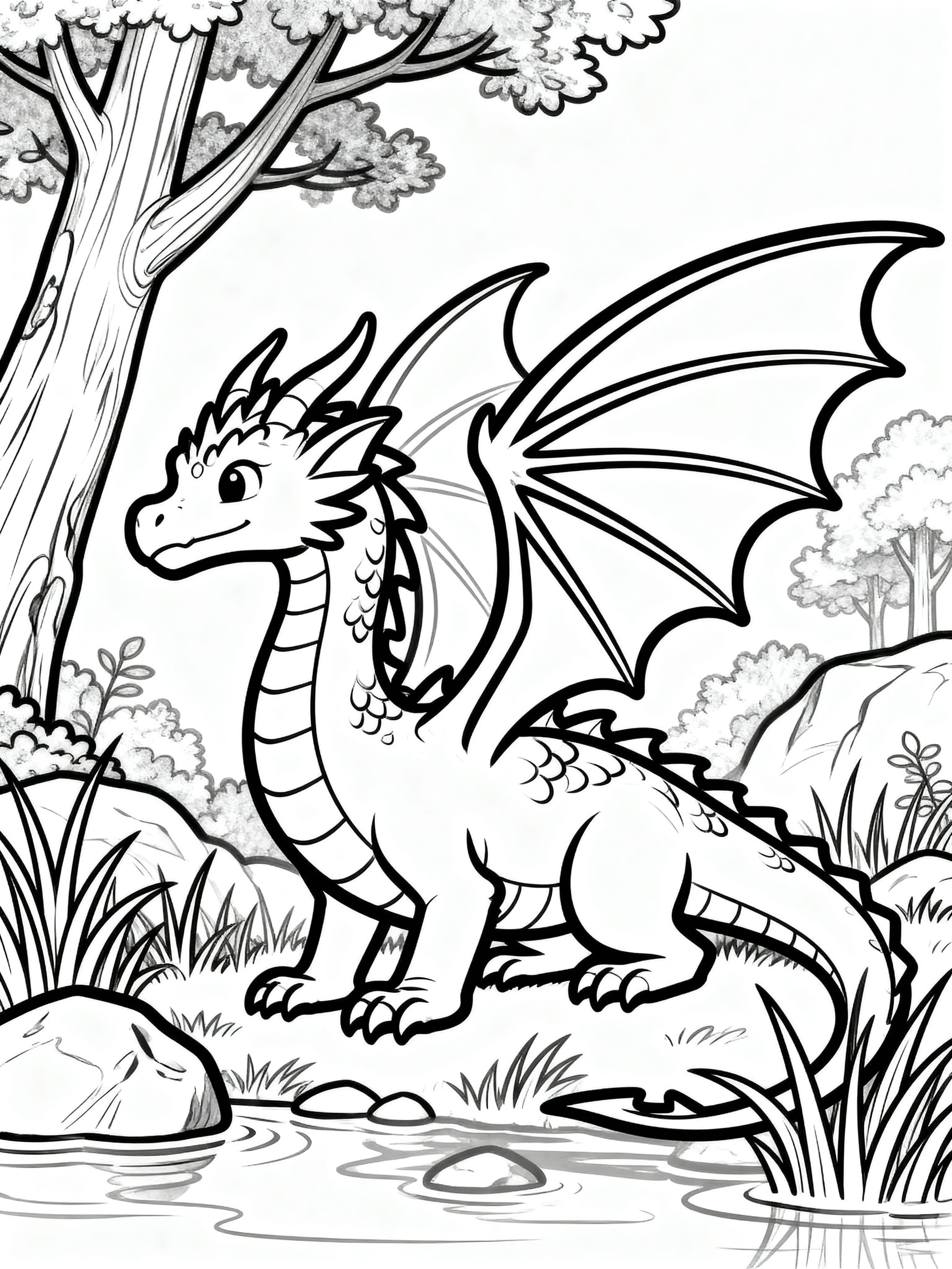 Simple (For Kids) Beautiful dragon in a nature scene Coloring Page