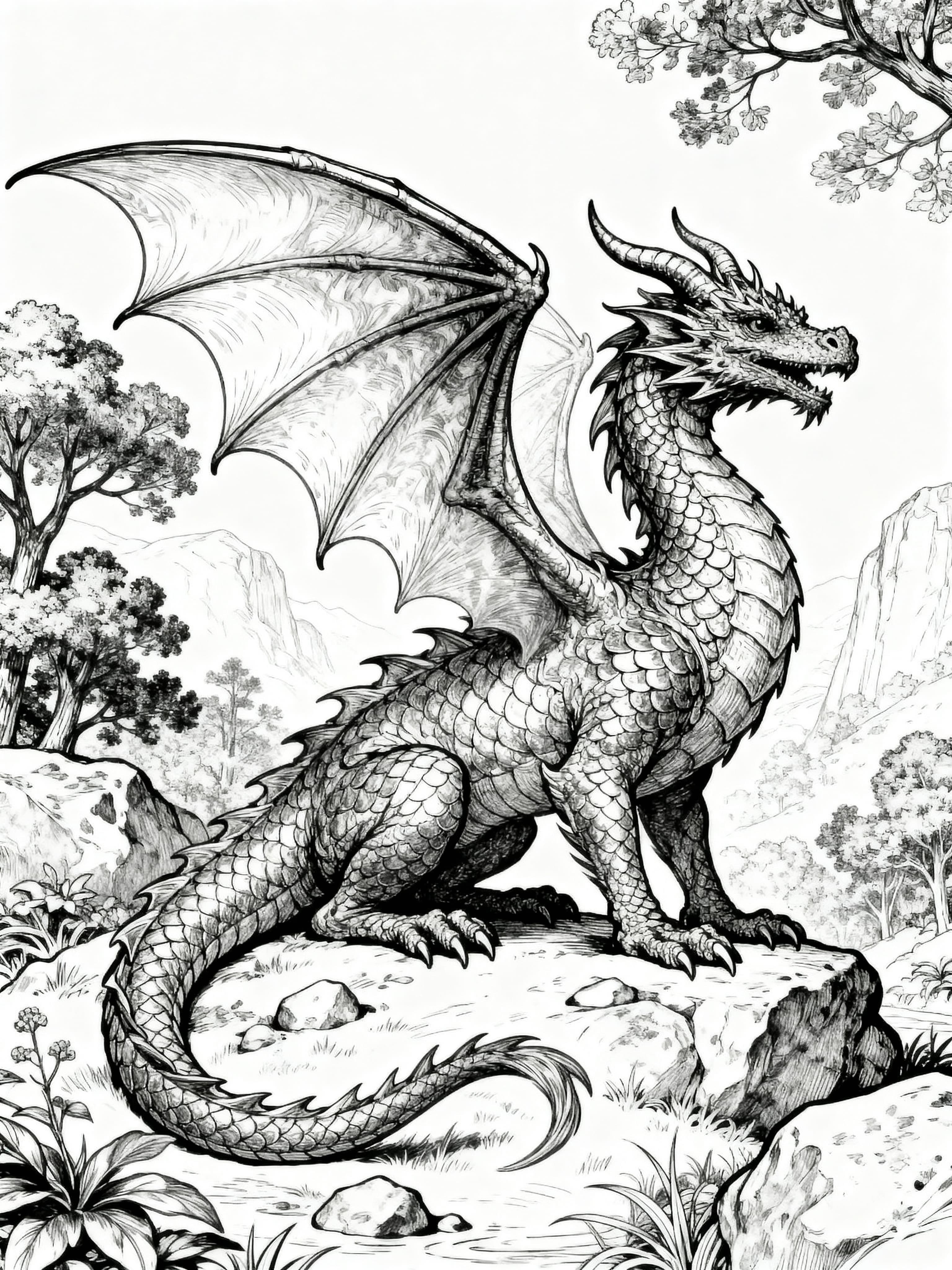 Vintage Beautiful dragon in a nature scene Coloring Page