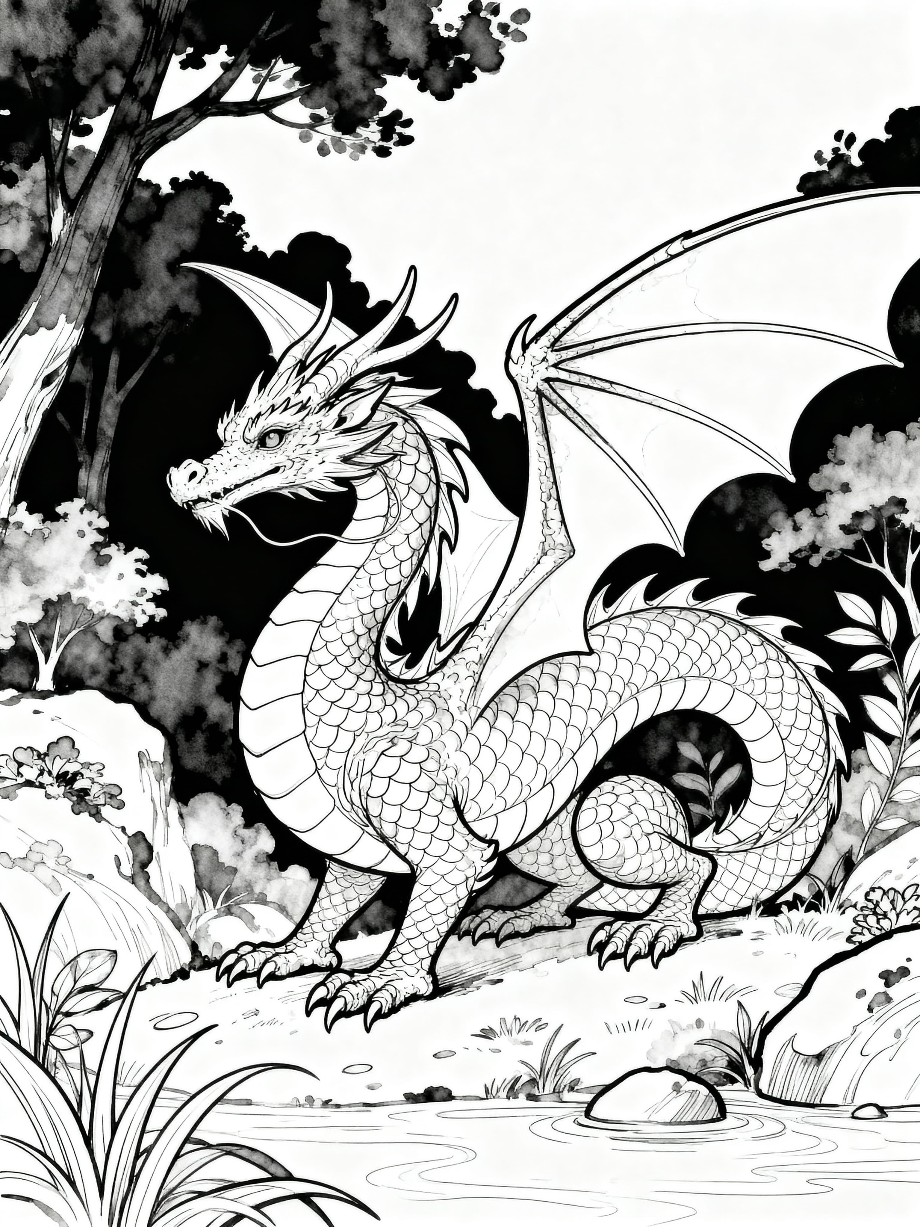 Watercolor Outline Beautiful dragon in a nature scene Coloring Page