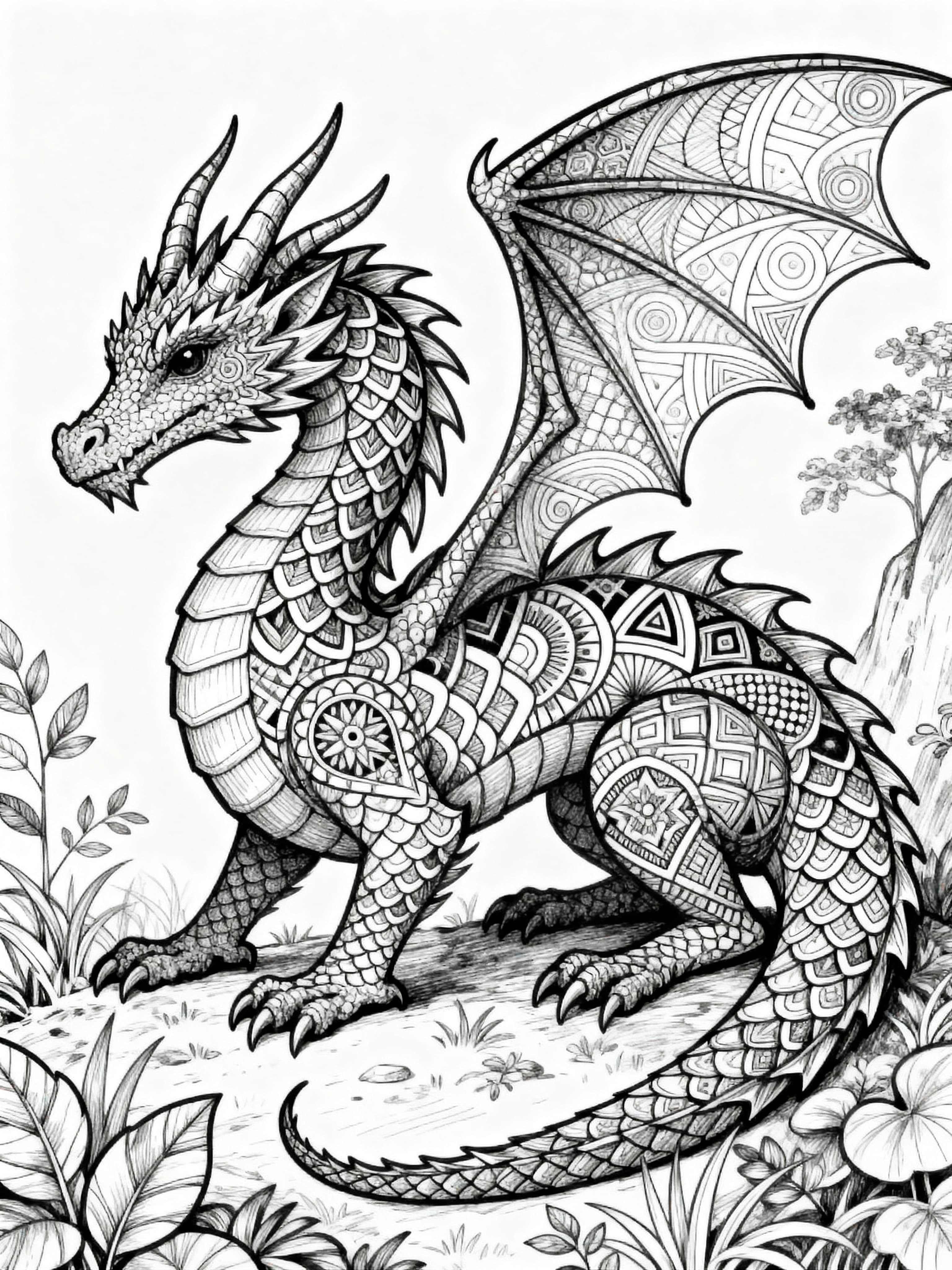 Zentangle Beautiful dragon in a nature scene Coloring Page