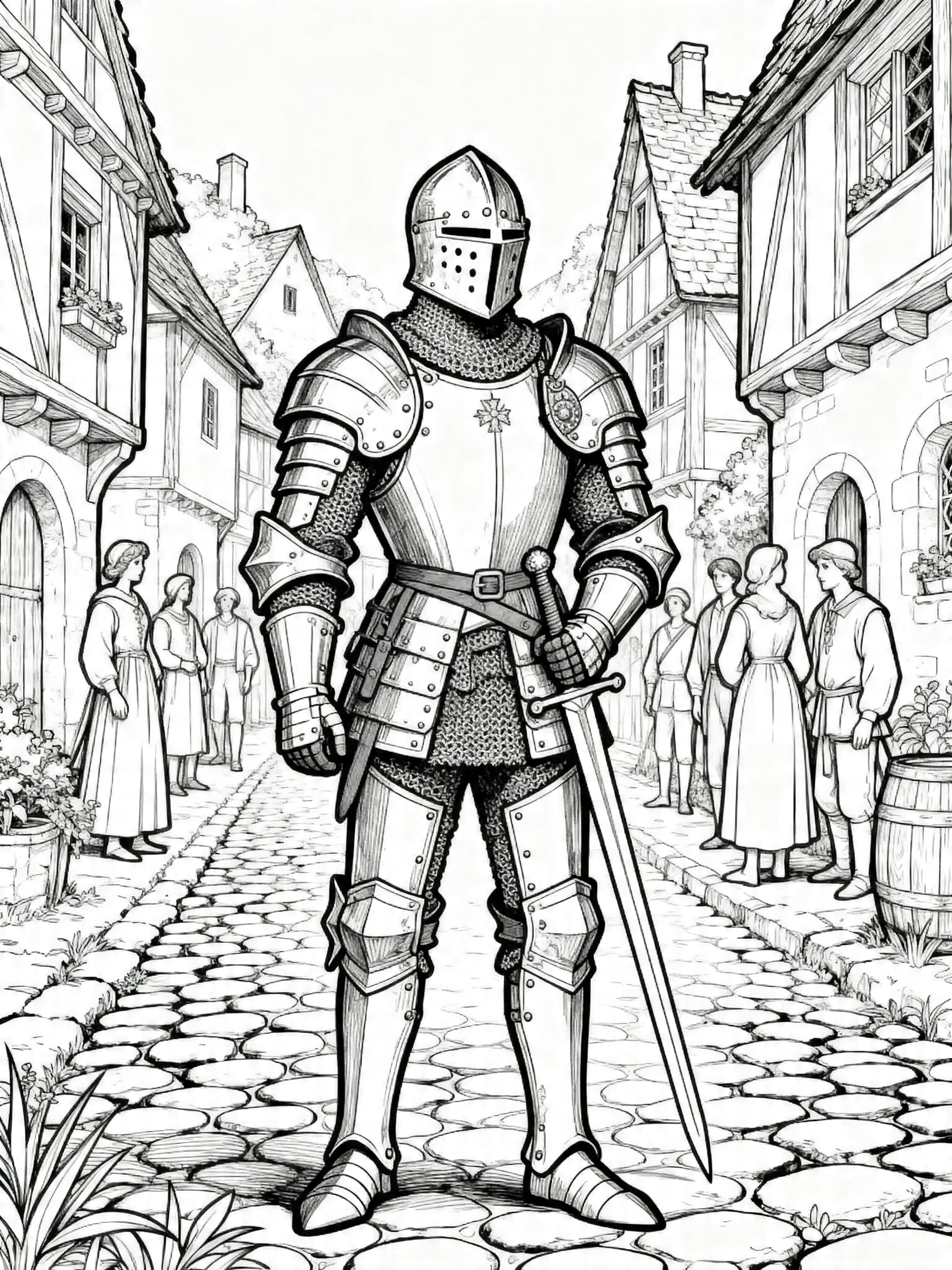 Detailed coloring page of a medieval knight in a village with intricate designs for adults to color