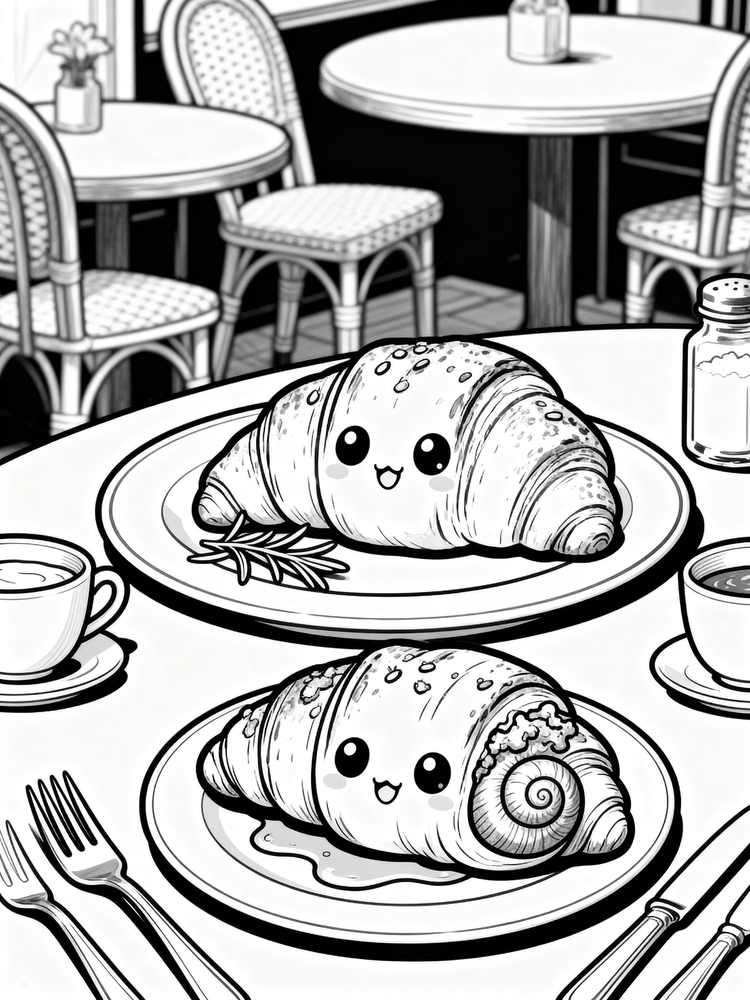 Cute Cartoon Delicious croissants and escargots on a charming bistro table setting Coloring Page