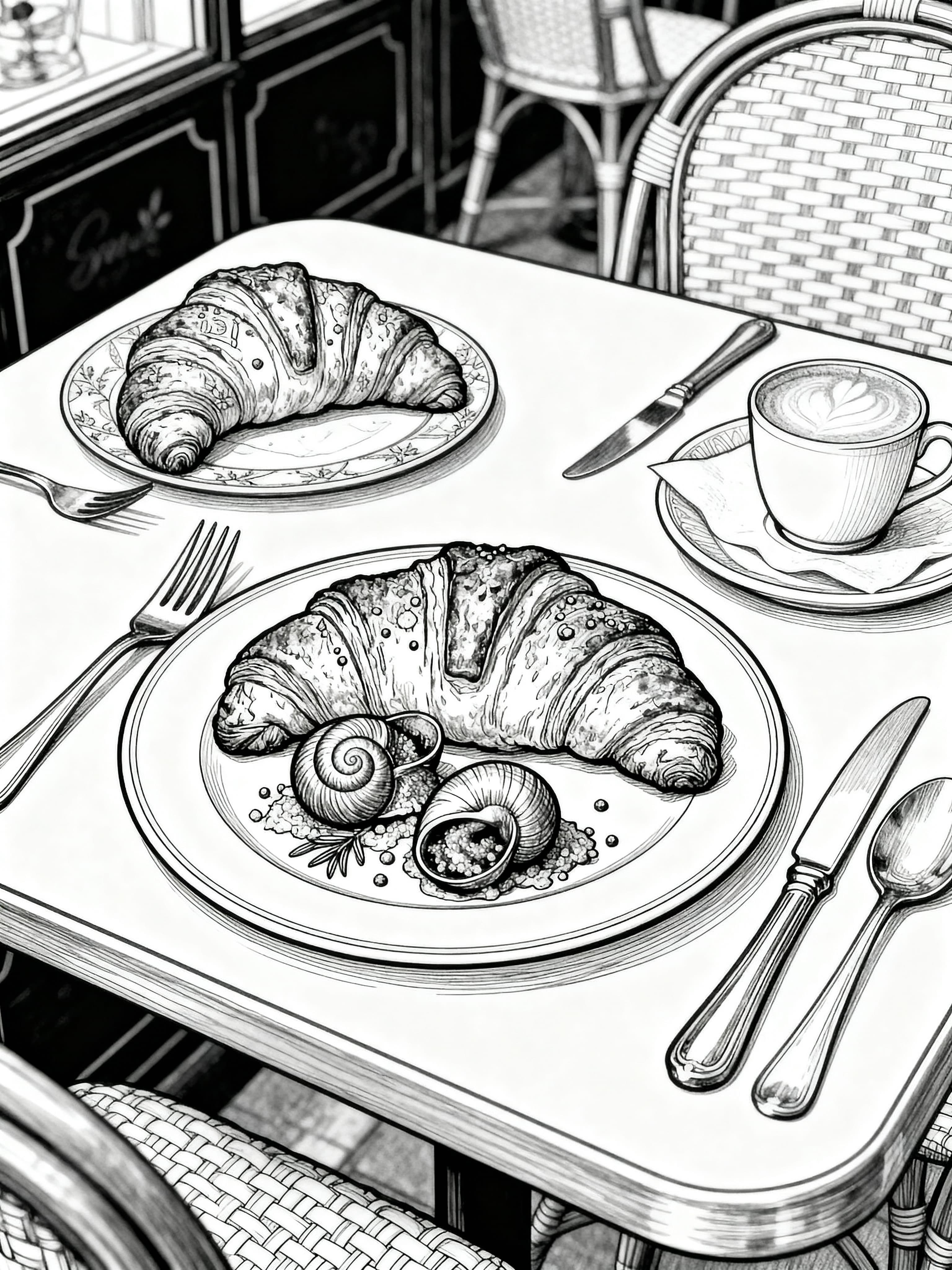 Detailed (For Adults) Delicious croissants and escargots on a charming bistro table setting Coloring Page