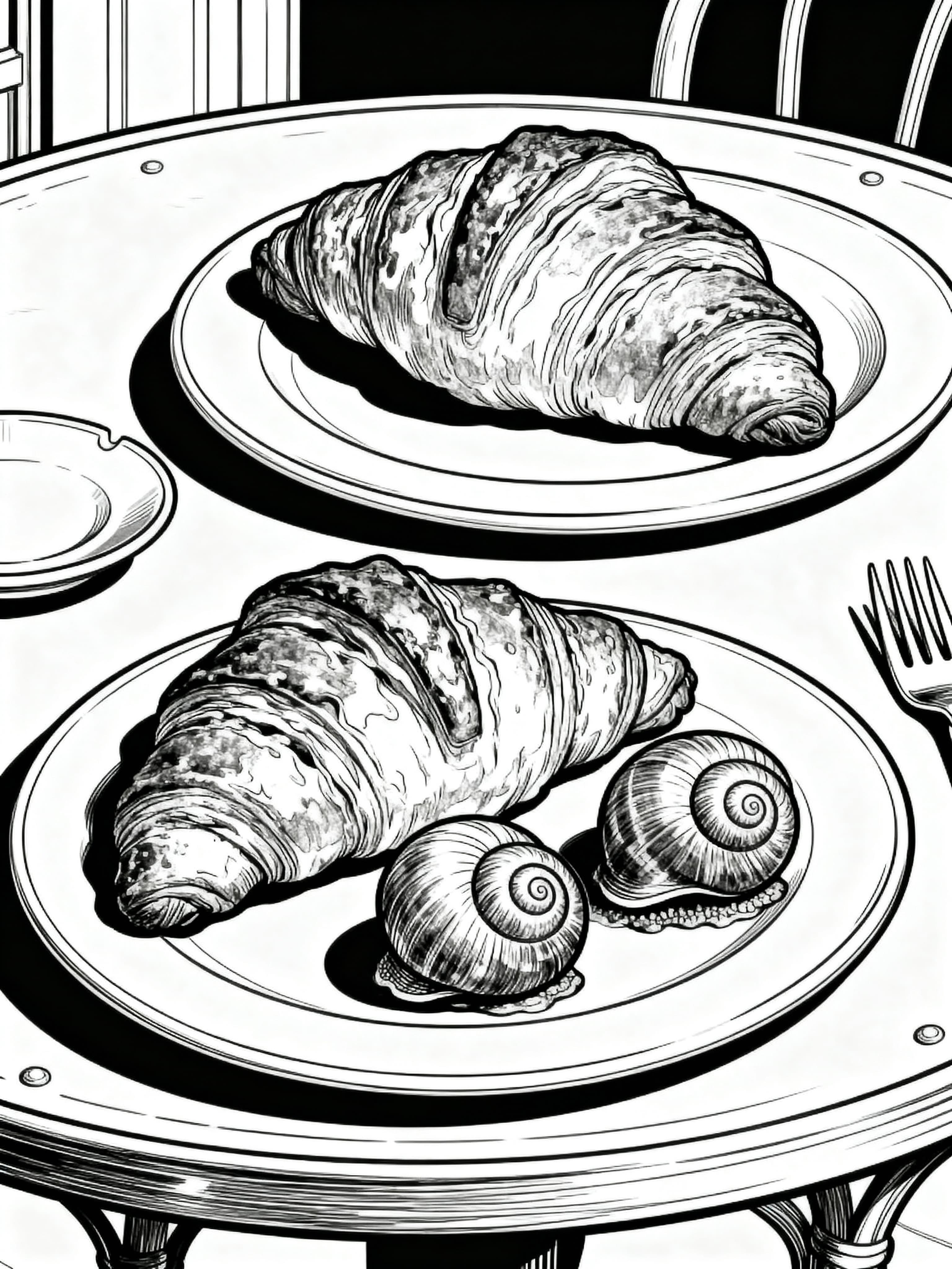 Realistic Delicious croissants and escargots on a charming bistro table setting Coloring Page