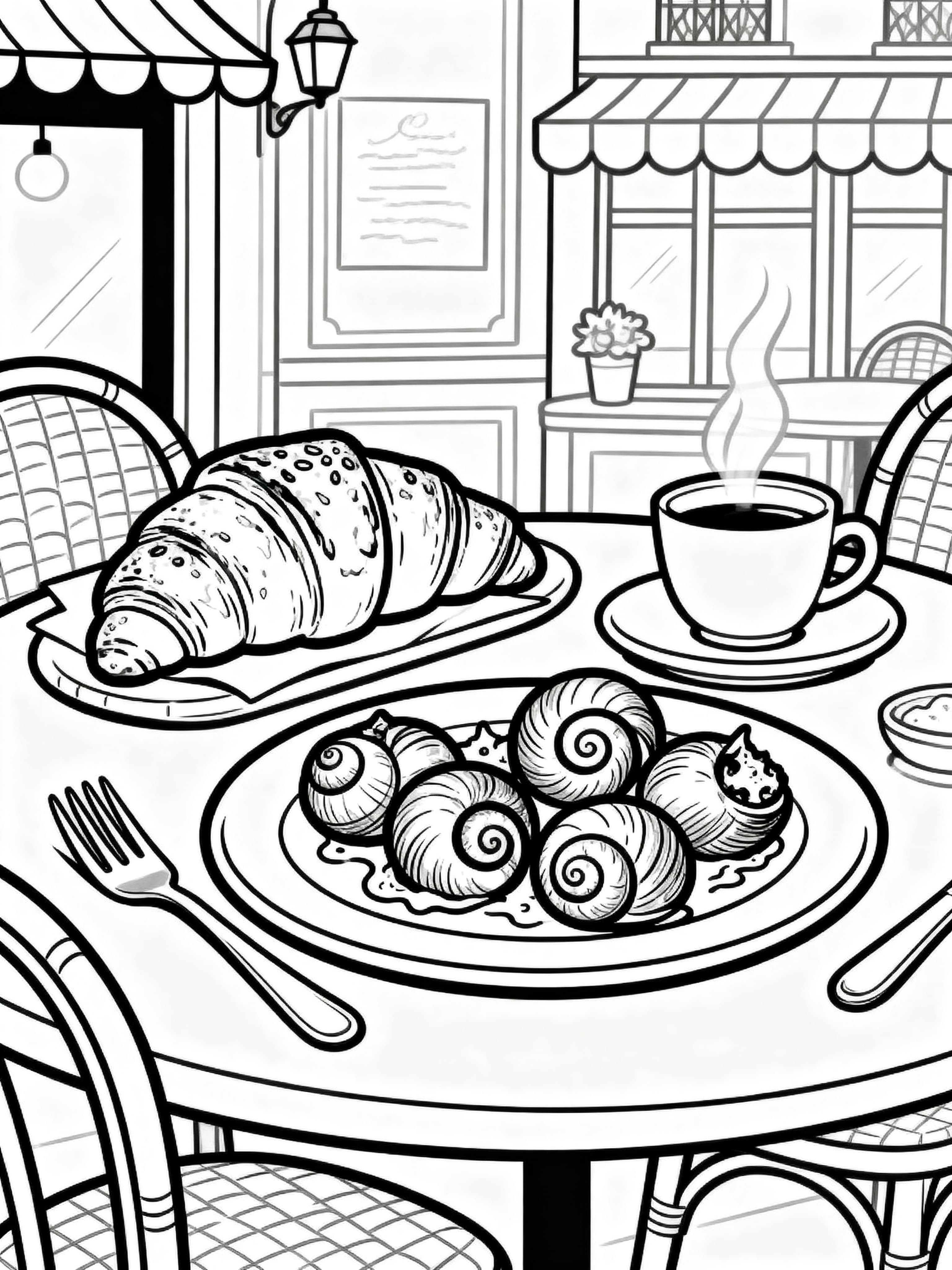 Simple (For Kids) Delicious croissants and escargots on a charming bistro table setting Coloring Page