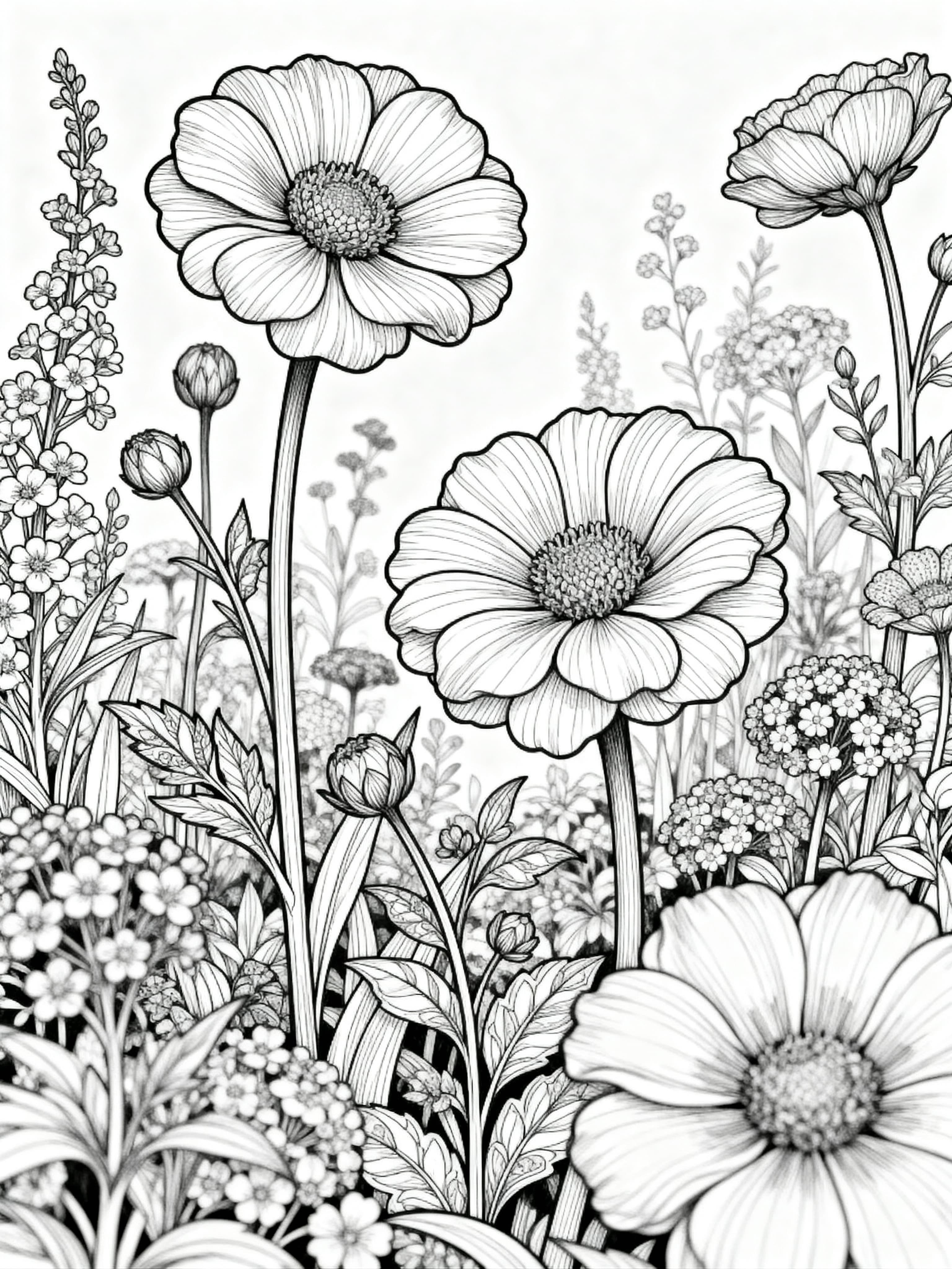 Detailed (For Adults) Beautiful flowers in a garden Coloring Page