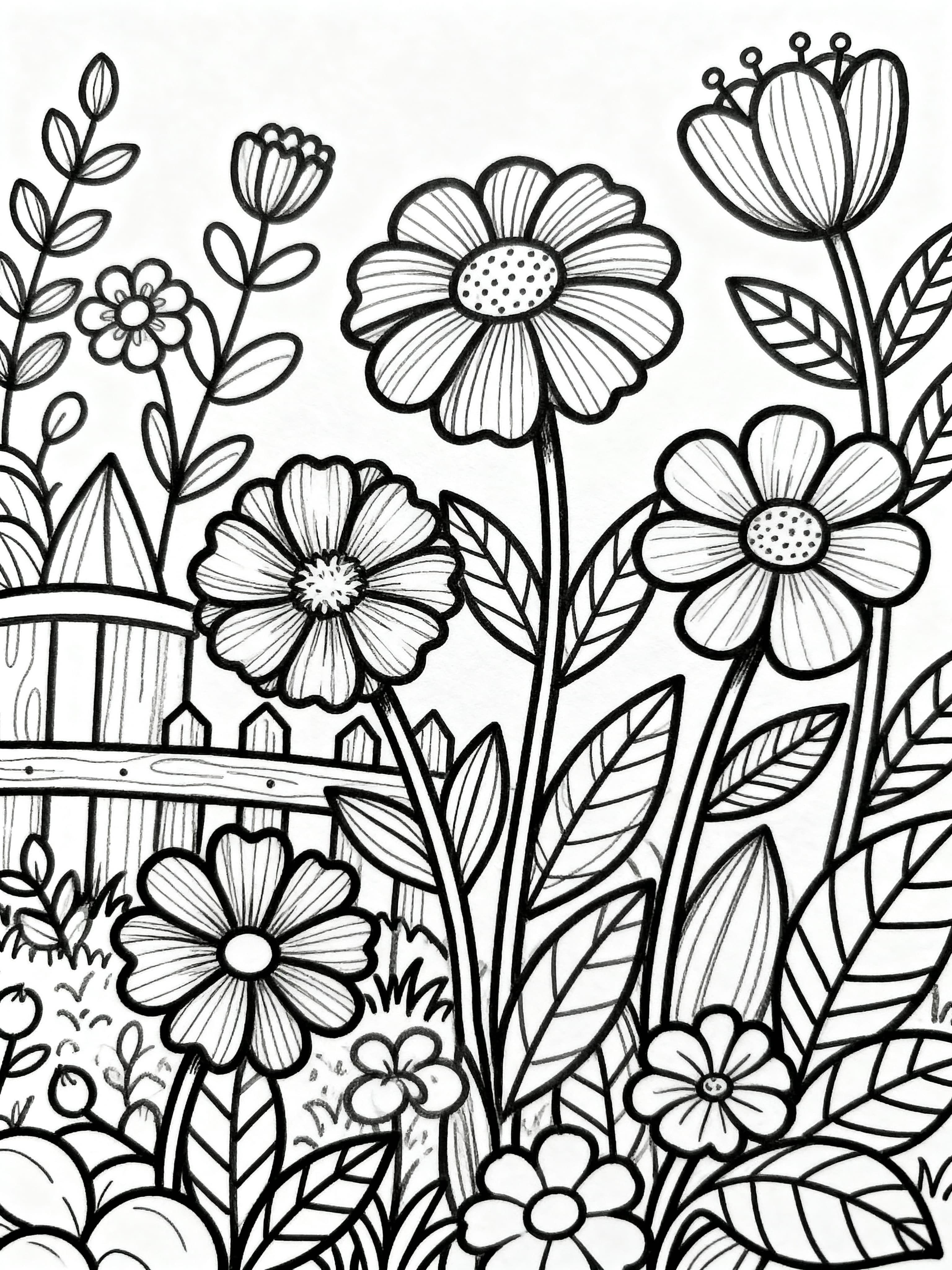 Free printable coloring page of beautiful flowers in a garden, ideal for all ages