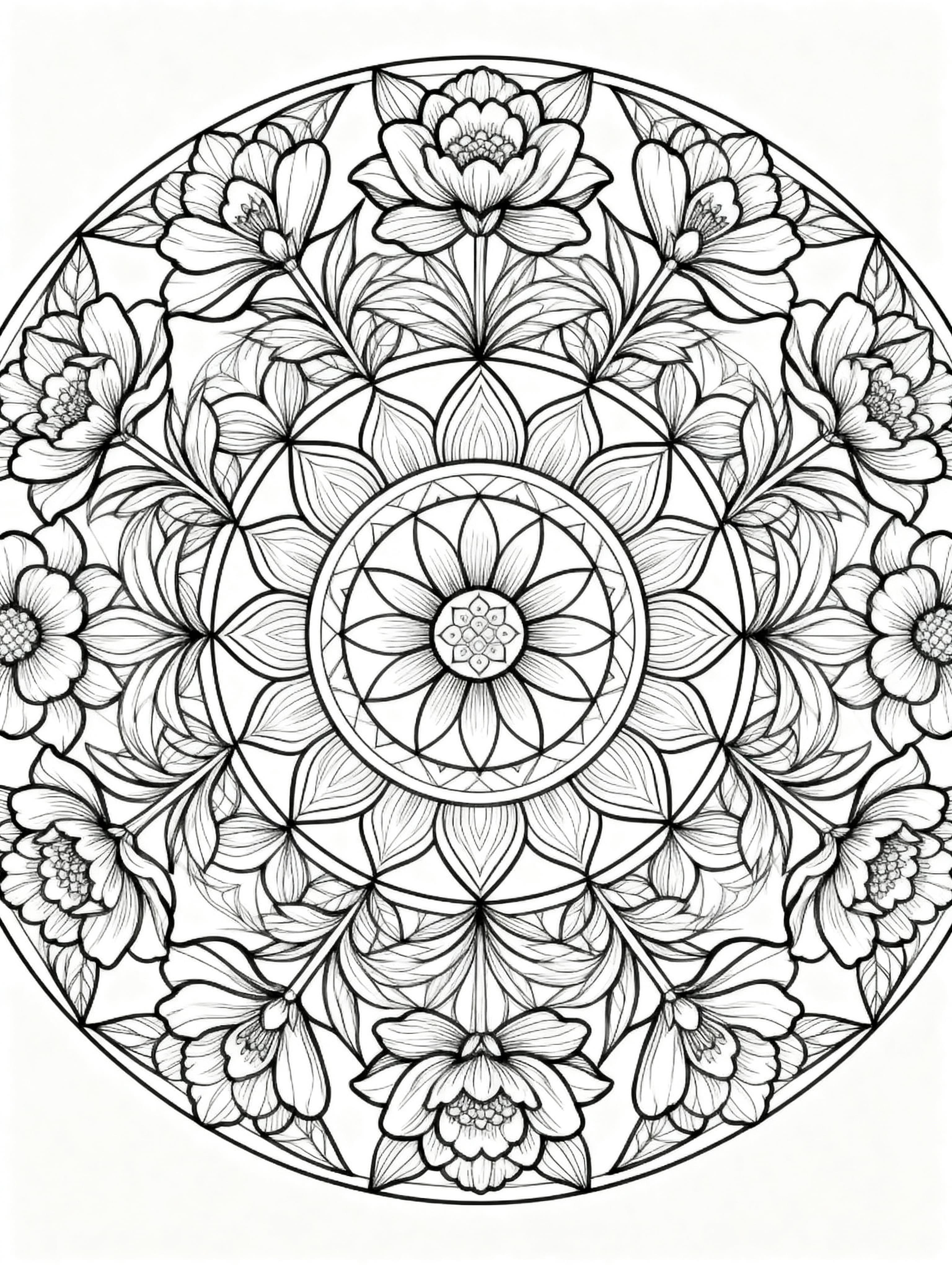 Mandala Style Beautiful flowers in a garden Coloring Page