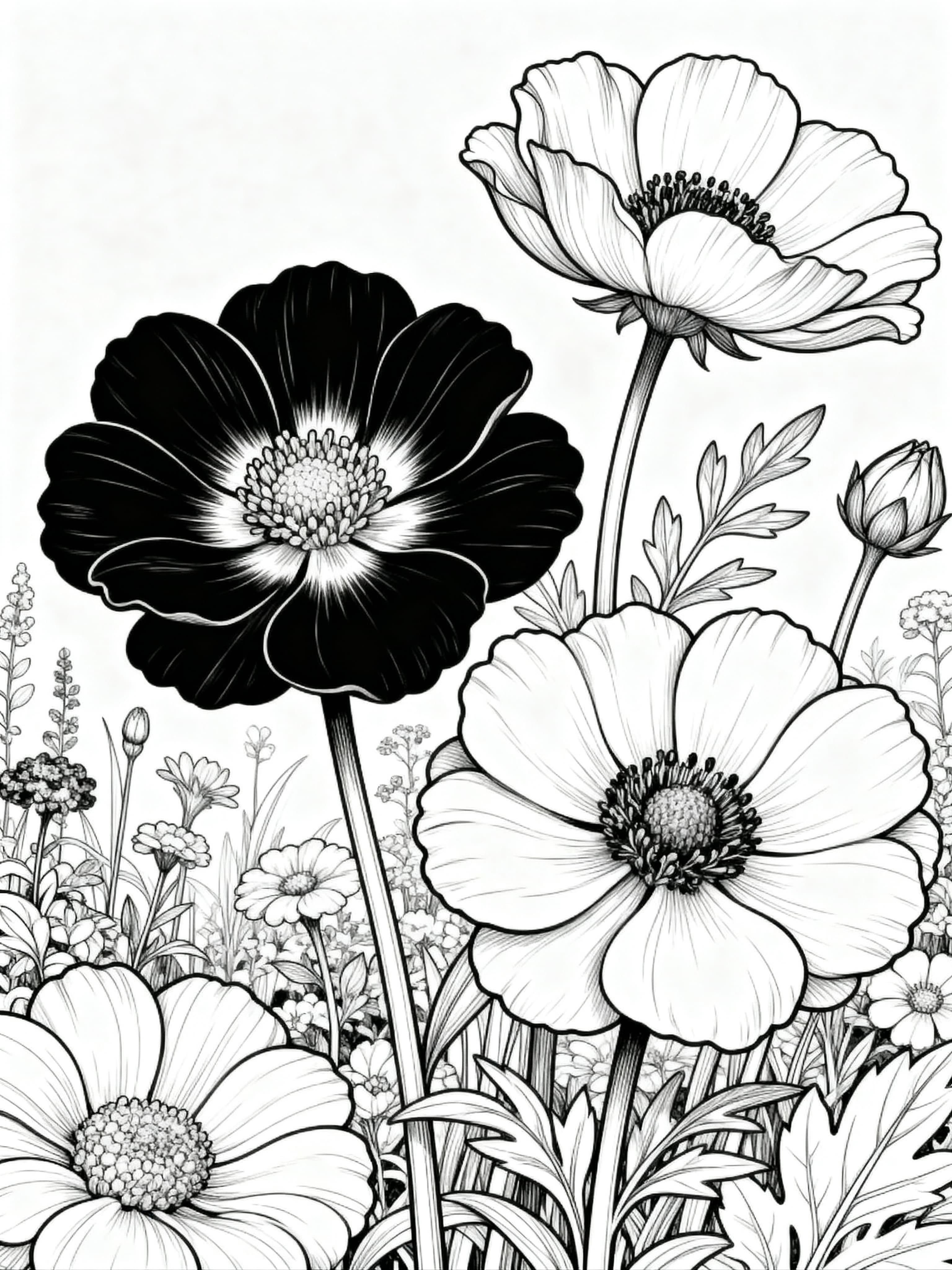 Realistic Beautiful flowers in a garden Coloring Page