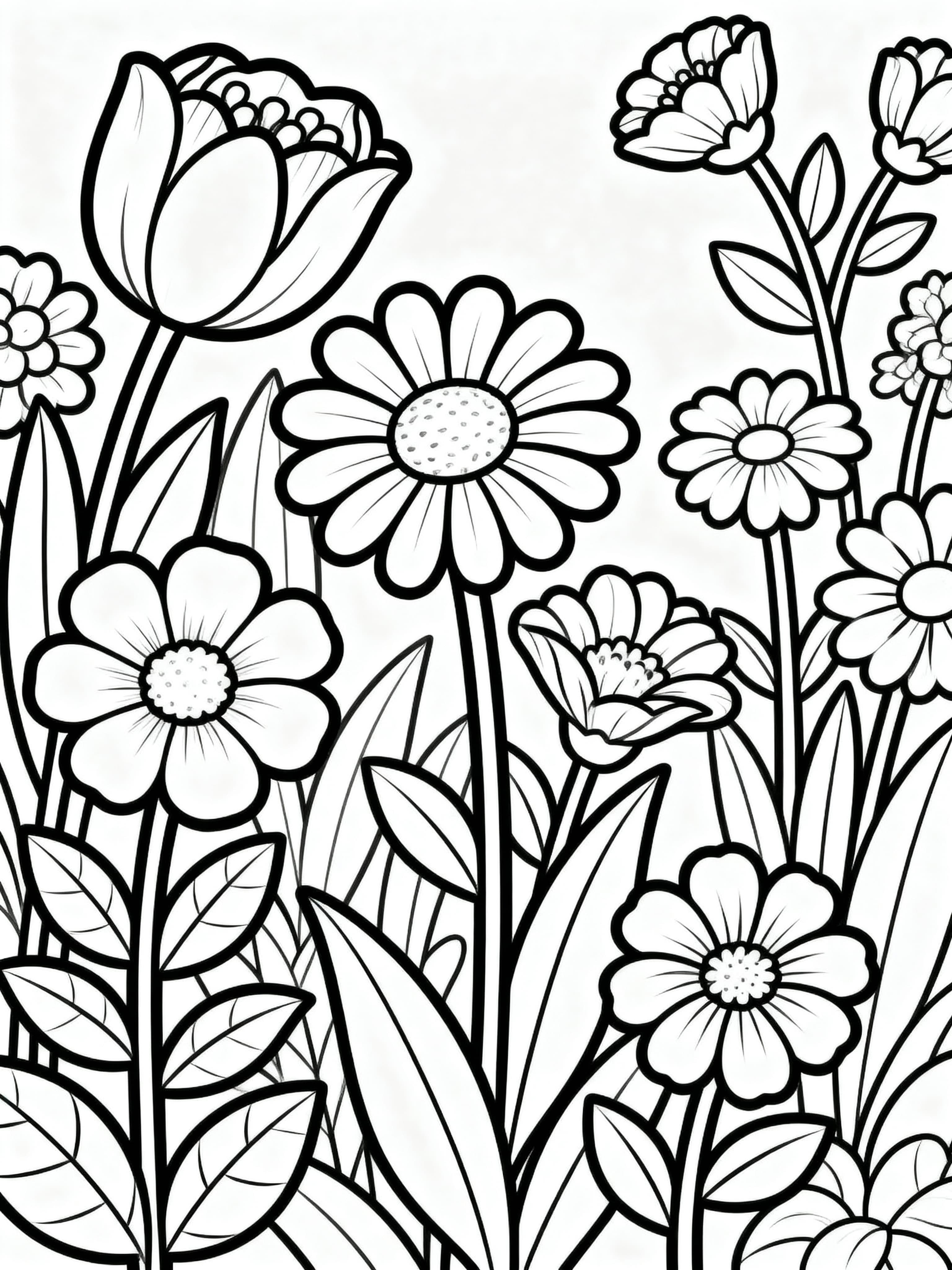 Simple (For Kids) Beautiful flowers in a garden Coloring Page