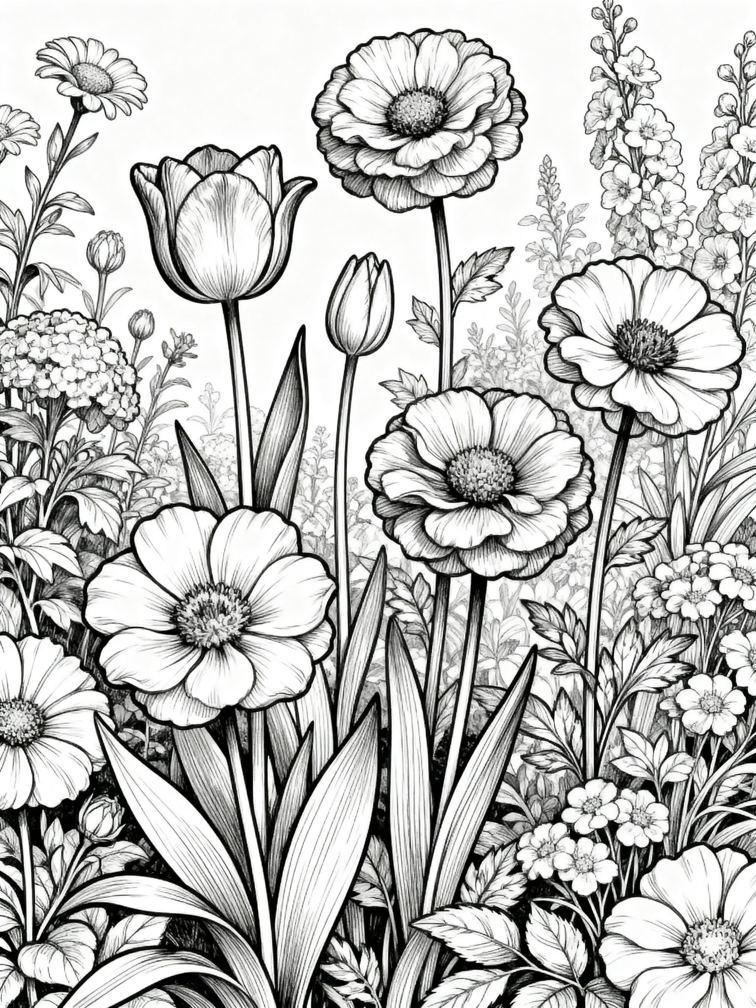 Vintage Beautiful flowers in a garden Coloring Page